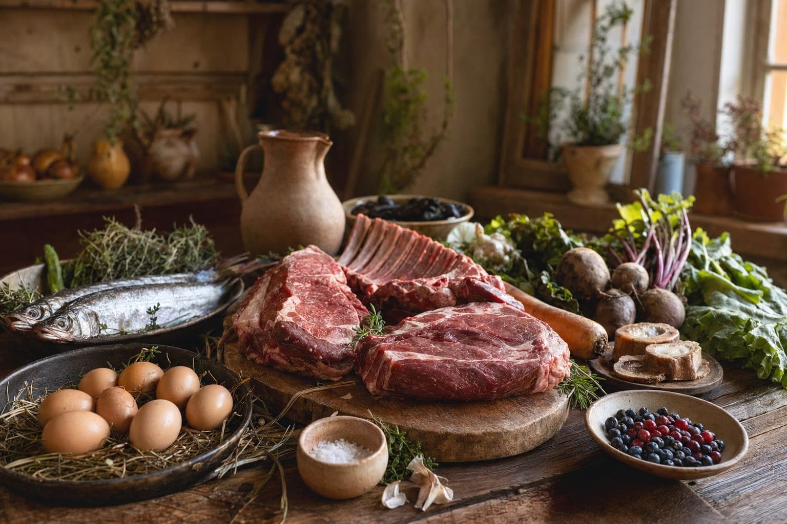 Eggs and raw steak on a wooden counter in warm light
