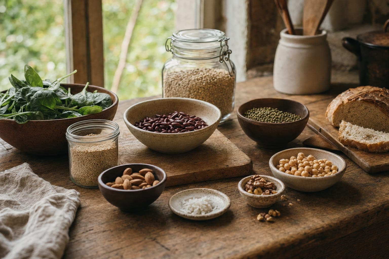 Bowls and jars of food on a rustic table in warm light