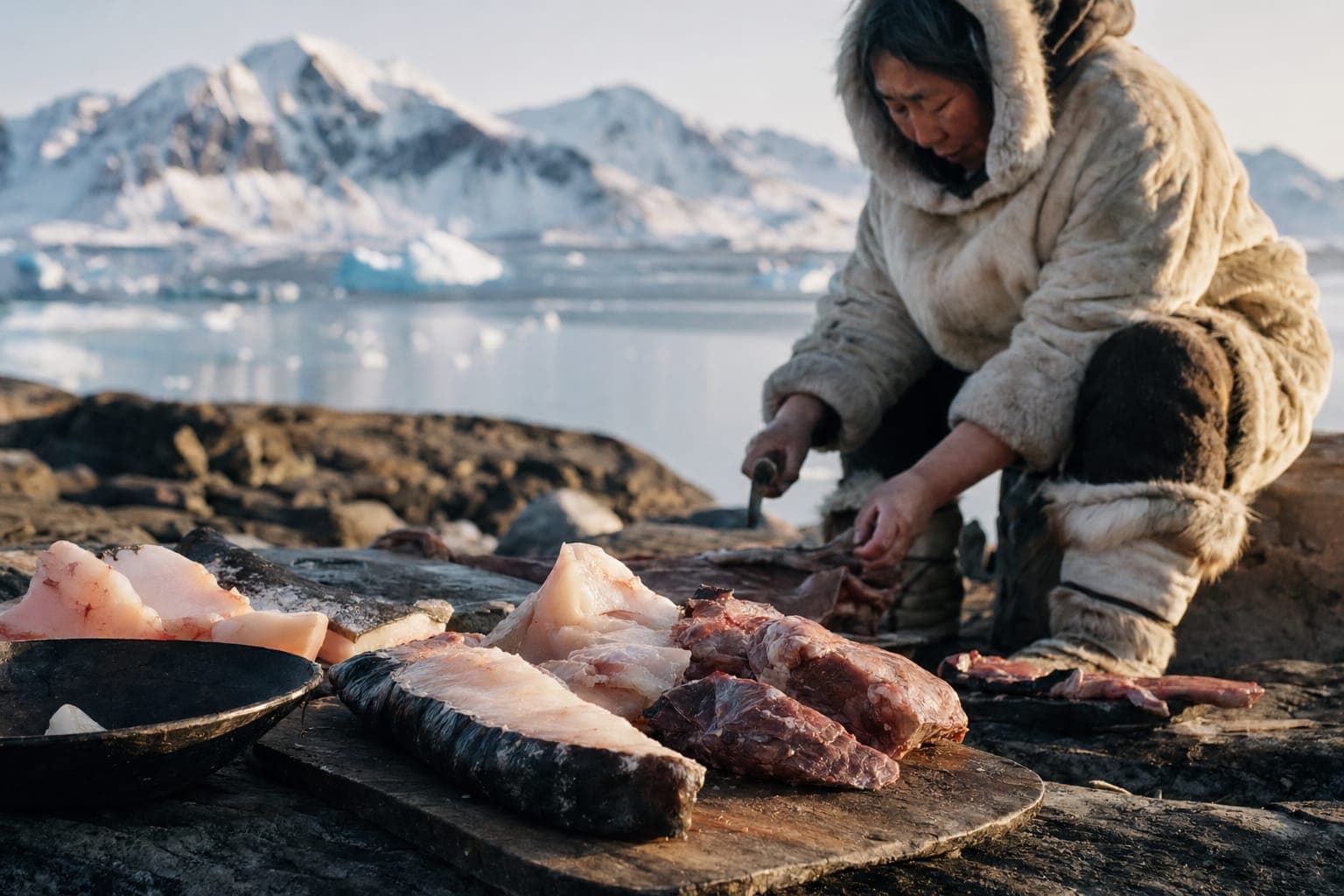 A person preparing fish on a coastal rock in soft light