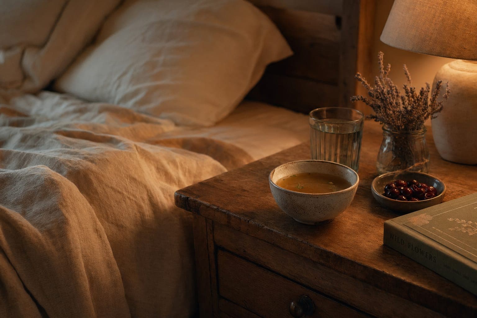 A linen bed with a small plate of food in soft warm light