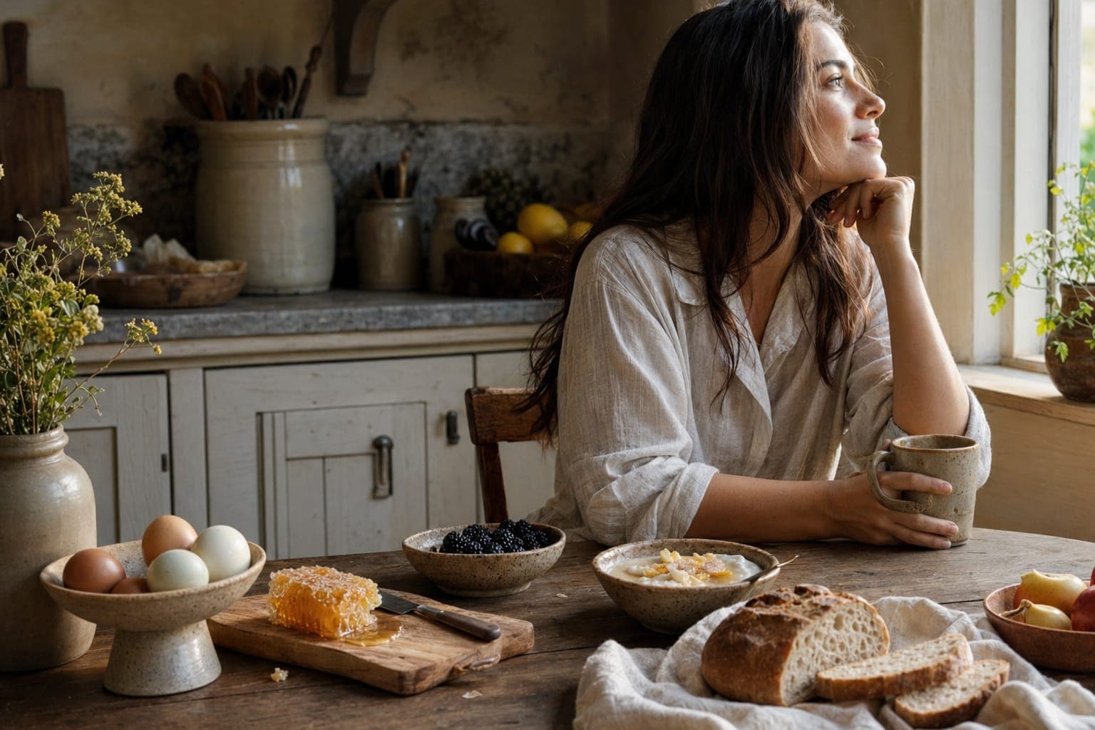 A woman standing in a sunlit kitchen in soft light