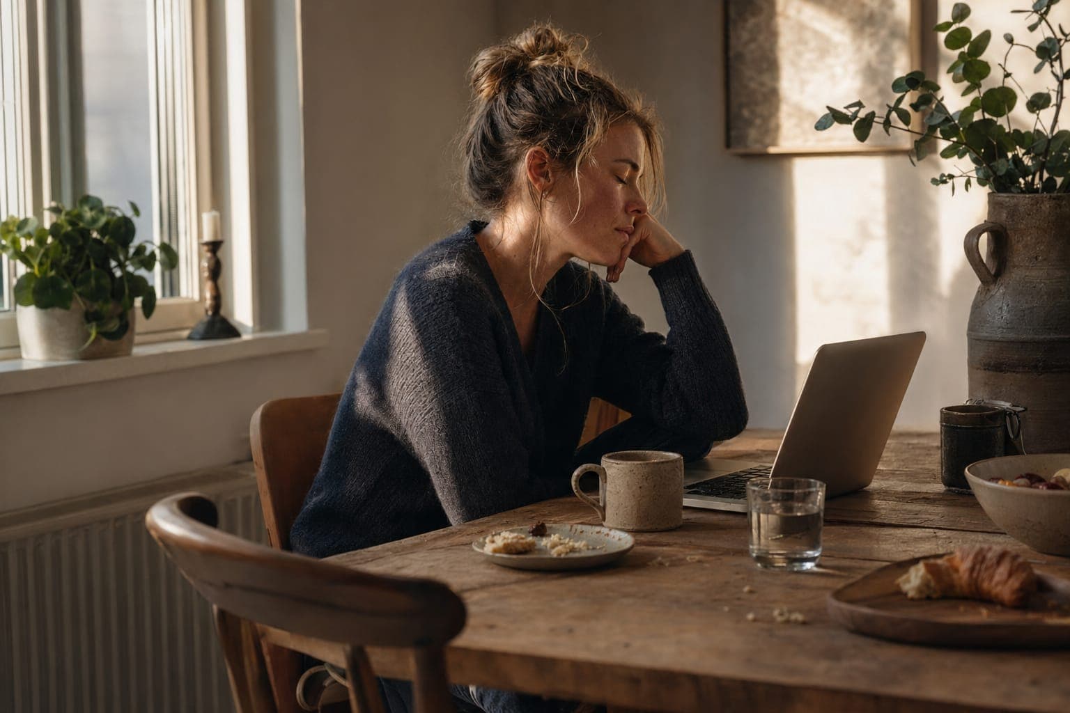 A woman with a laptop at a kitchen counter in soft light