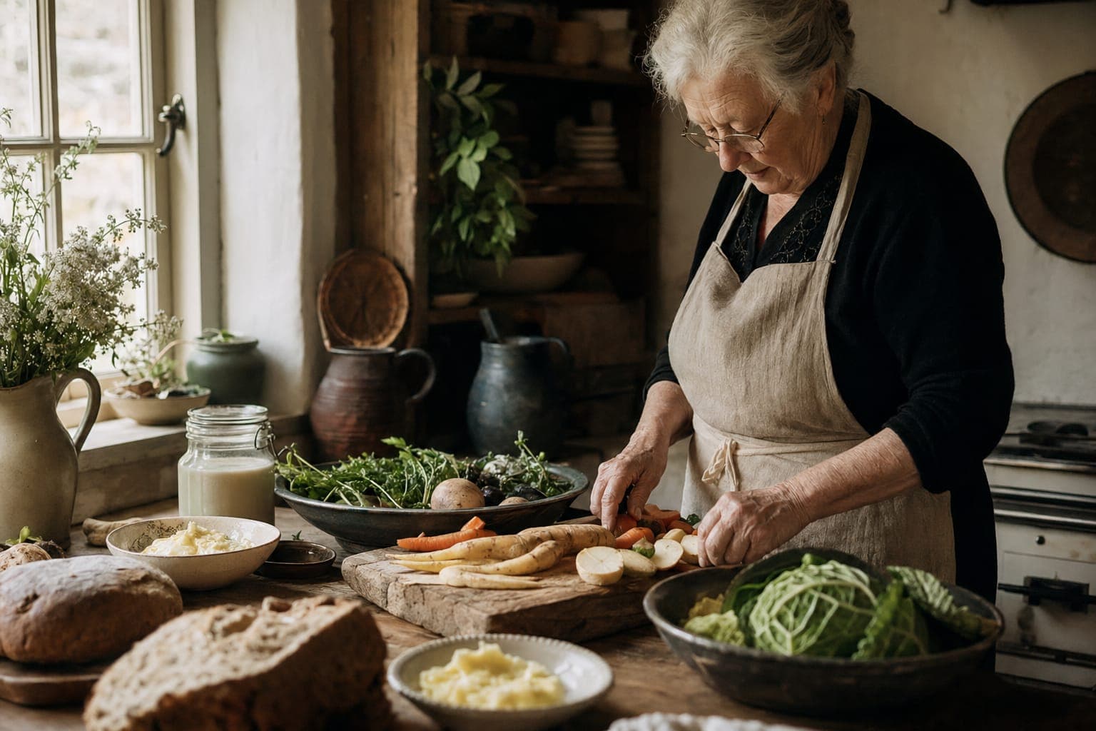 A man preparing greens at a kitchen counter in warm light
