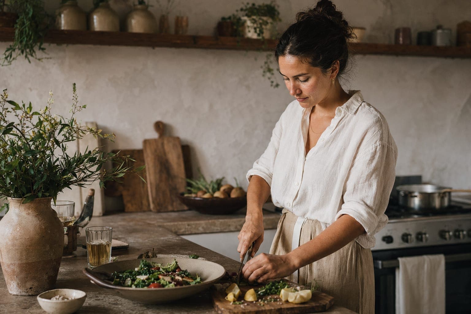 A woman in a warm kitchen in soft natural light