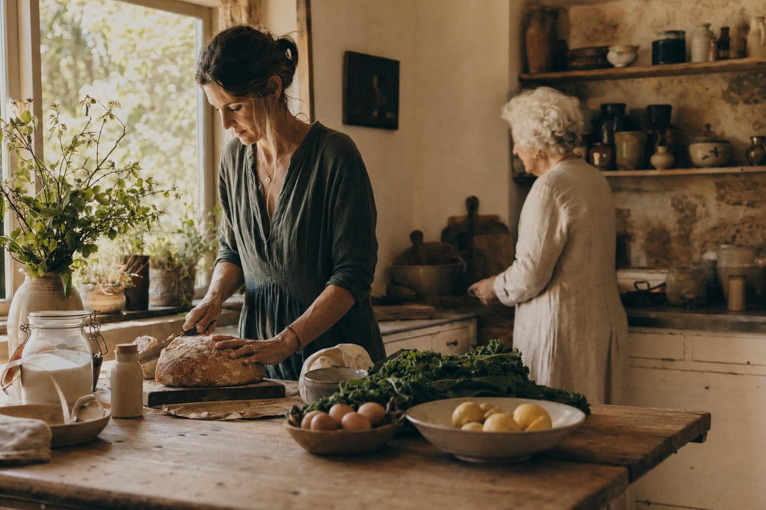 A woman and child in a warm kitchen in soft light