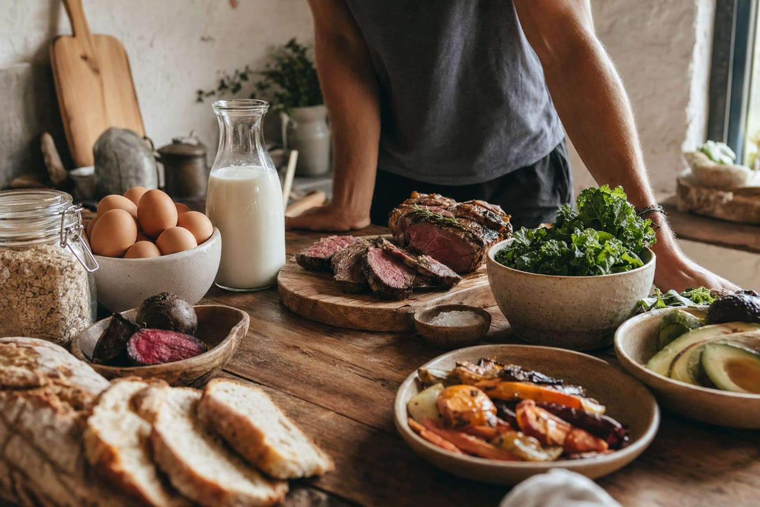 Fresh vegetables and meat on a kitchen counter in warm light