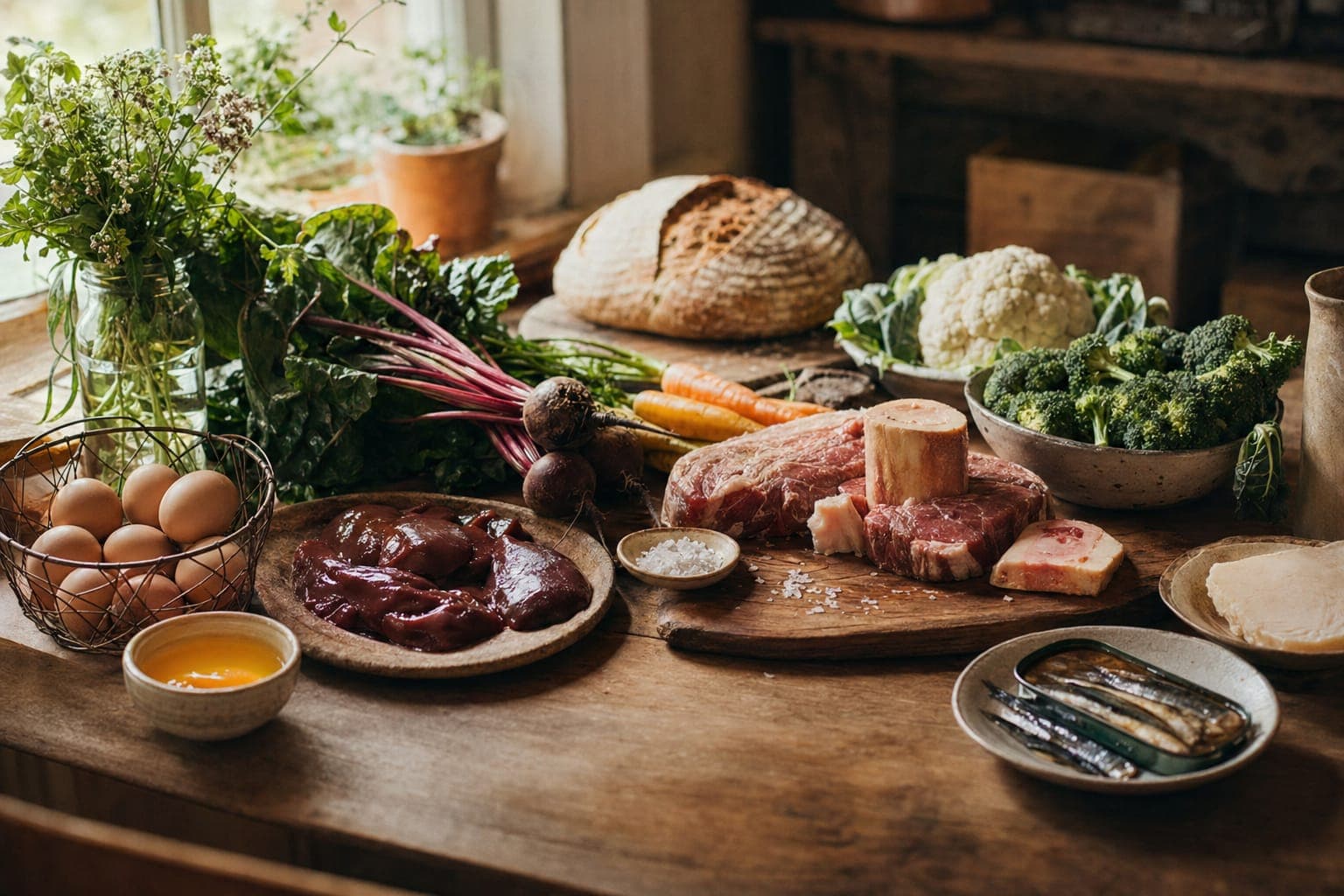 A spread of meat, bread and vegetables on a rustic table