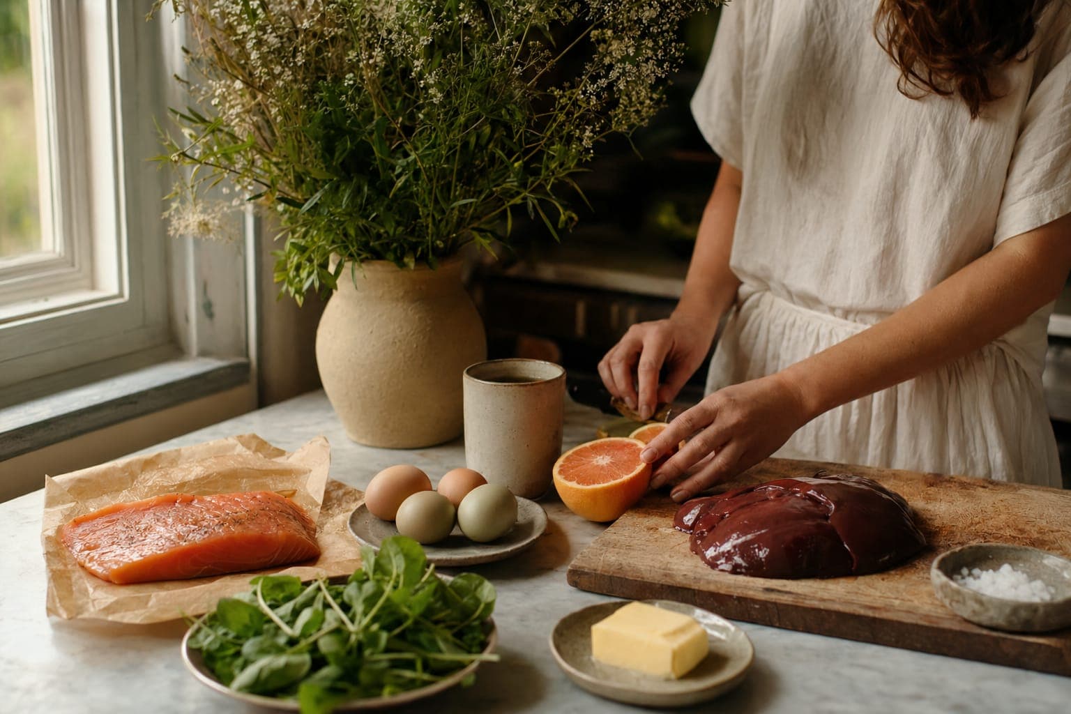 A person preparing vegetables at a kitchen counter in warm light