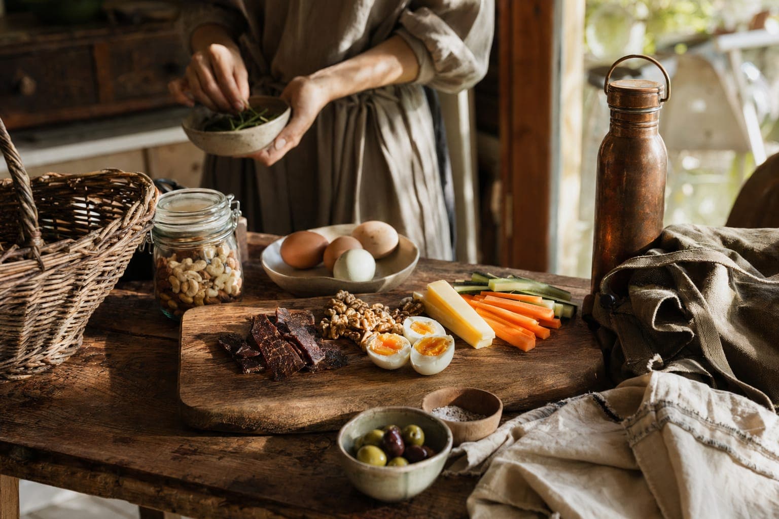 Raw meat and bowls of food on a kitchen counter in warm light