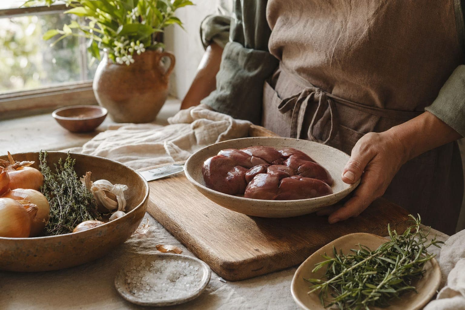 Raw liver and herbs on a wooden board in warm light