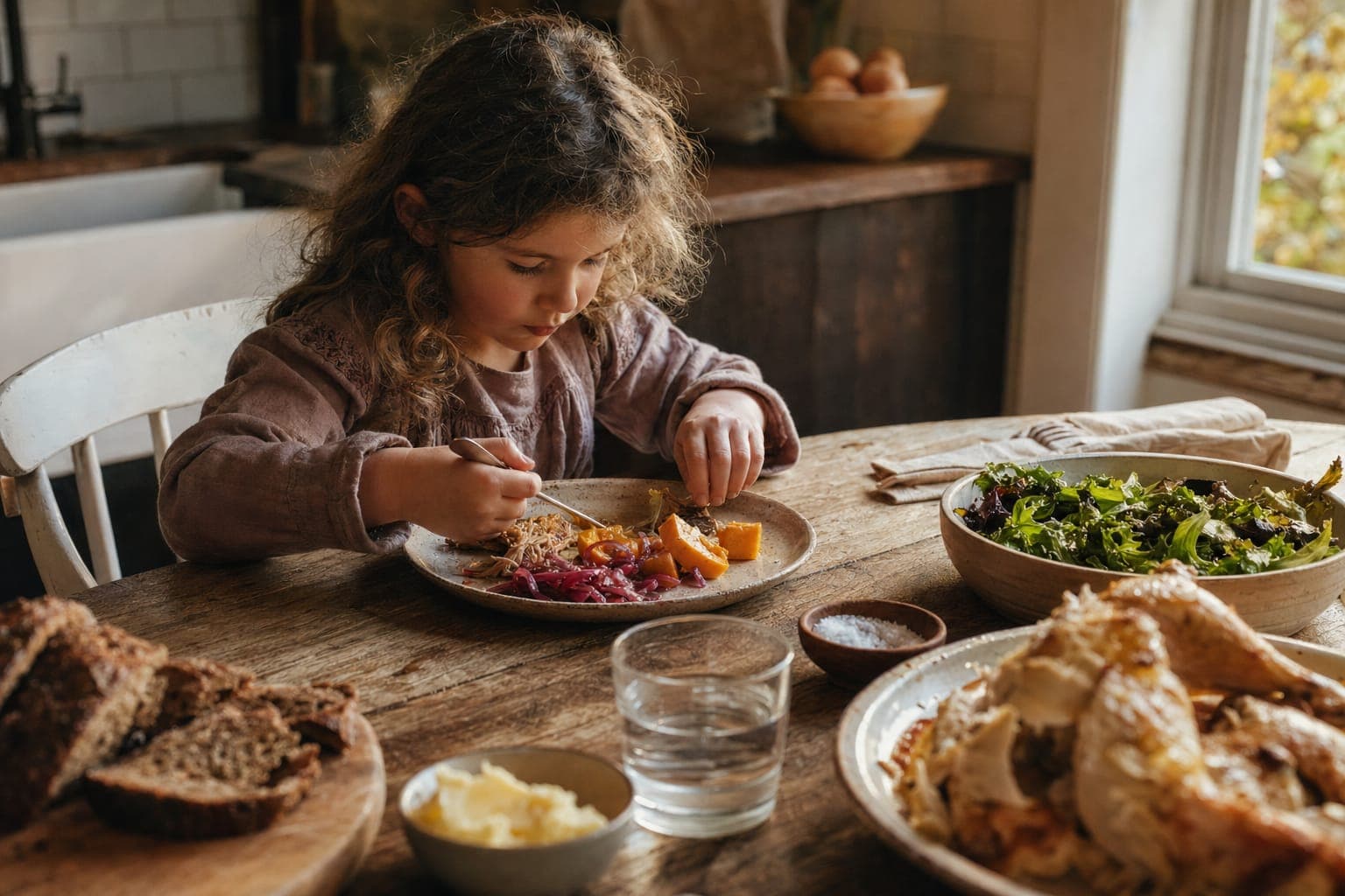 A child at a kitchen counter in soft natural light