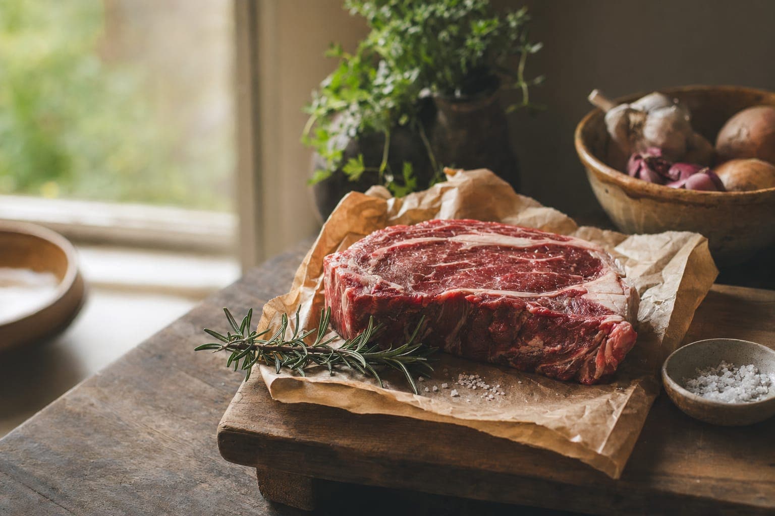 Raw meat cuts on a wooden board in warm light