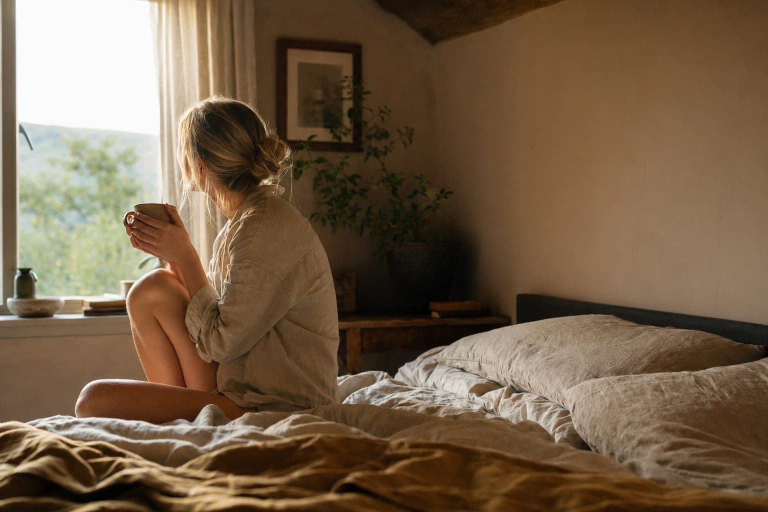 A couple in a warm kitchen in soft natural light