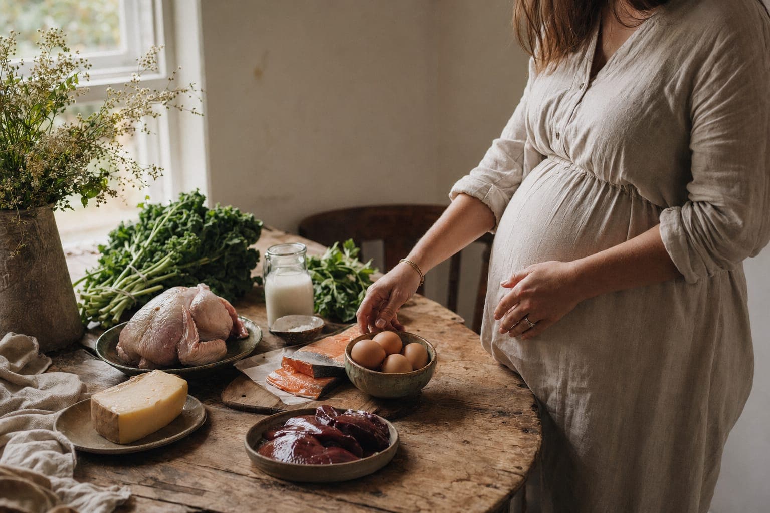 A pregnant woman preparing food at a counter in soft light