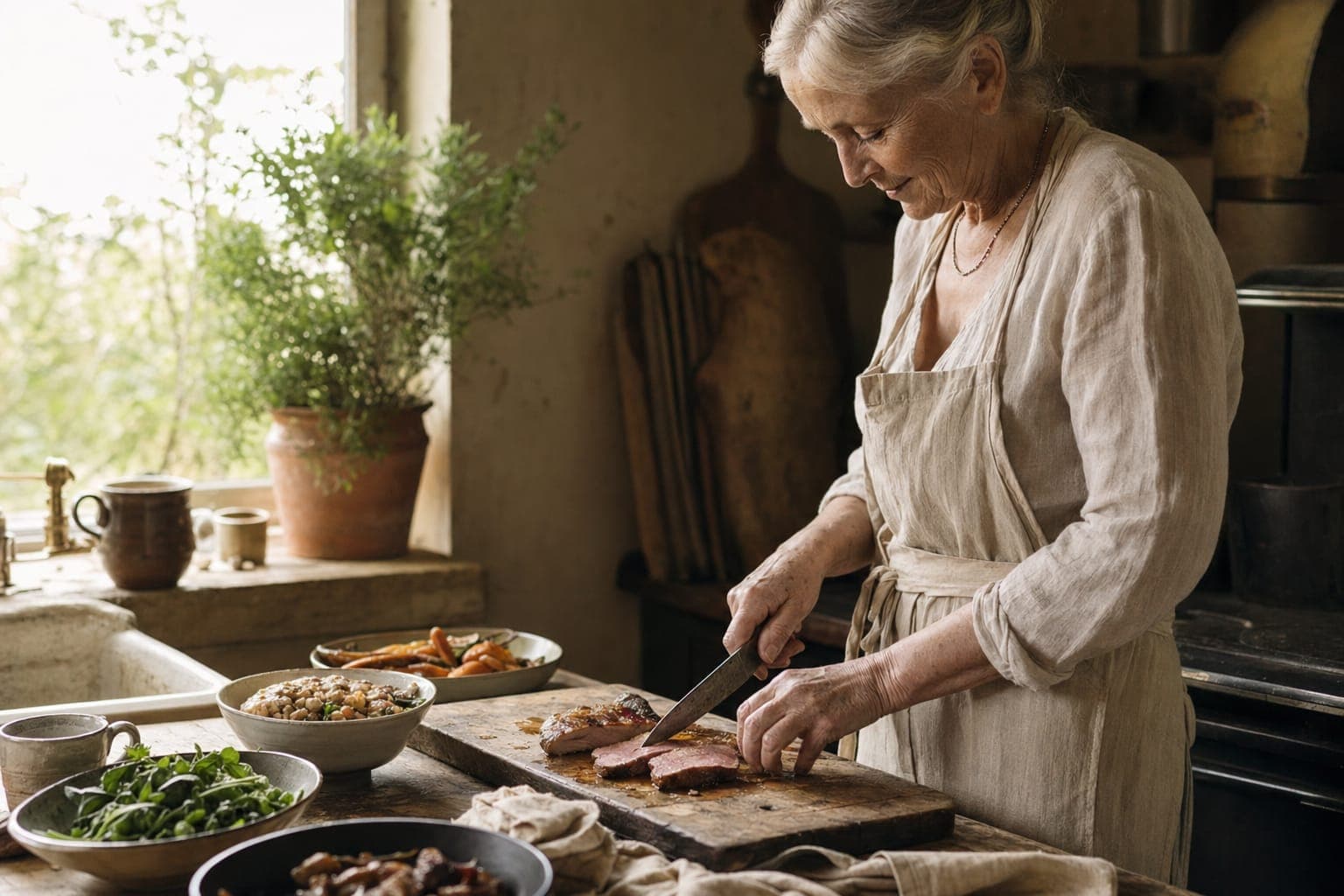 A woman preparing salmon at a kitchen counter in warm light