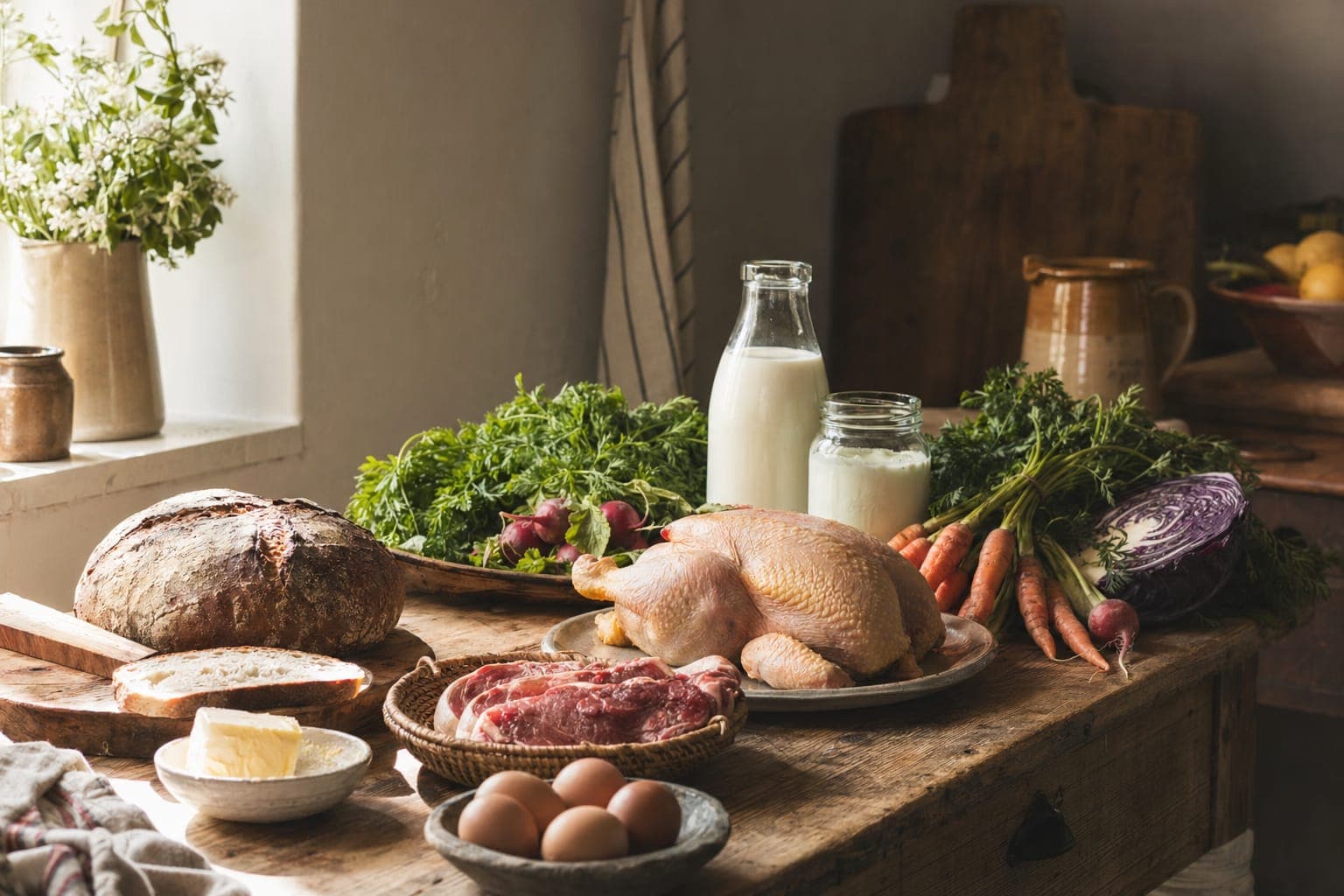 Milk, sweet potatoes and bread on a kitchen counter in warm light