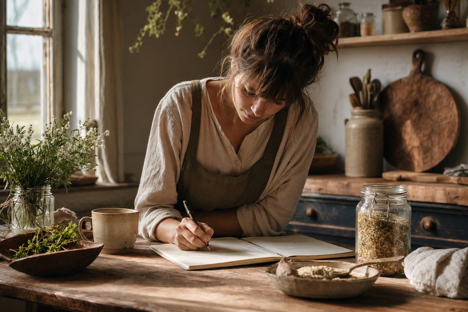 A woman preparing herbs at a kitchen counter in soft light