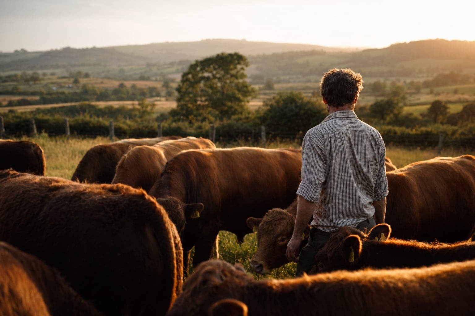A person standing with cattle in a green pasture in soft light
