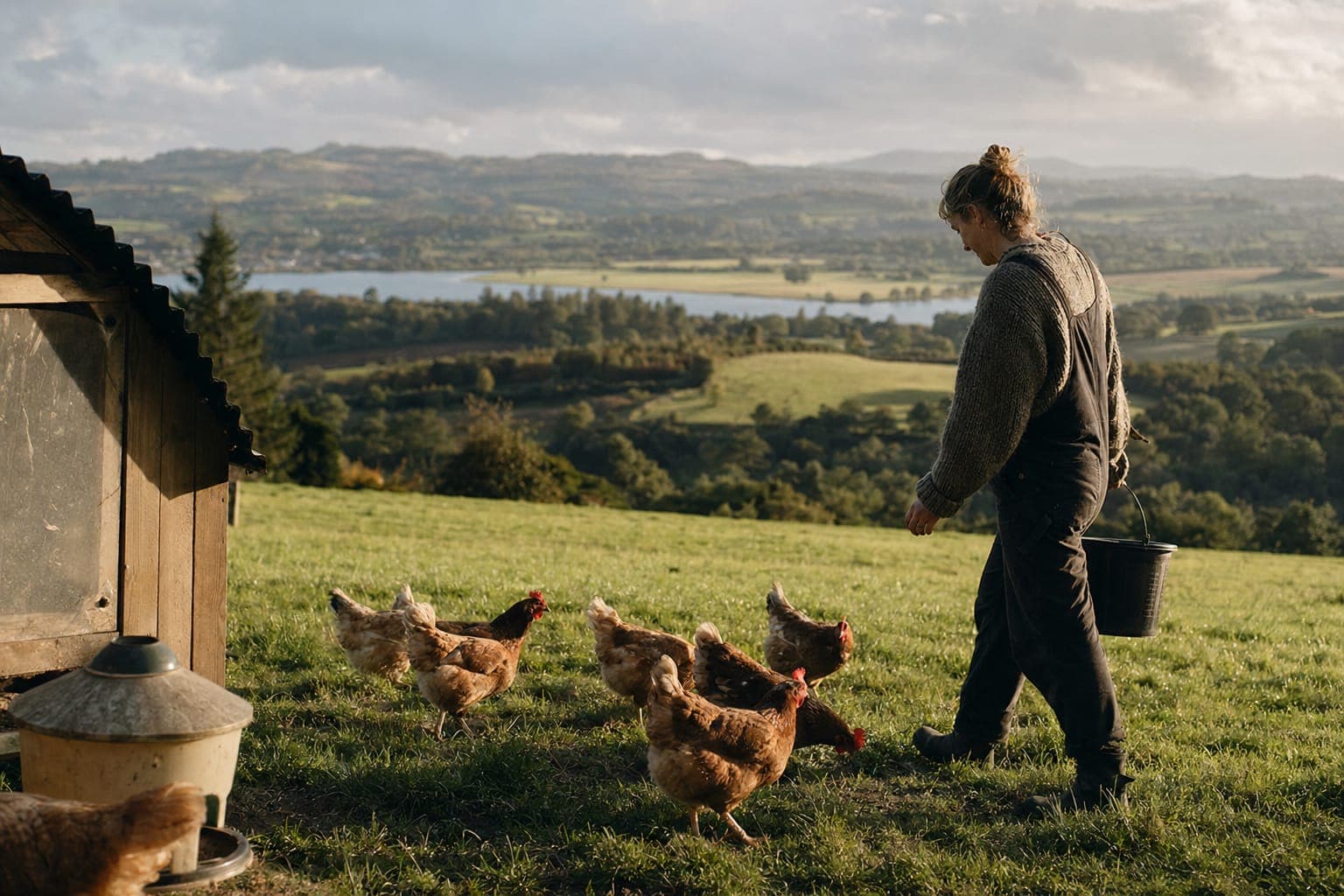 A person walking among free-range chickens in a green field