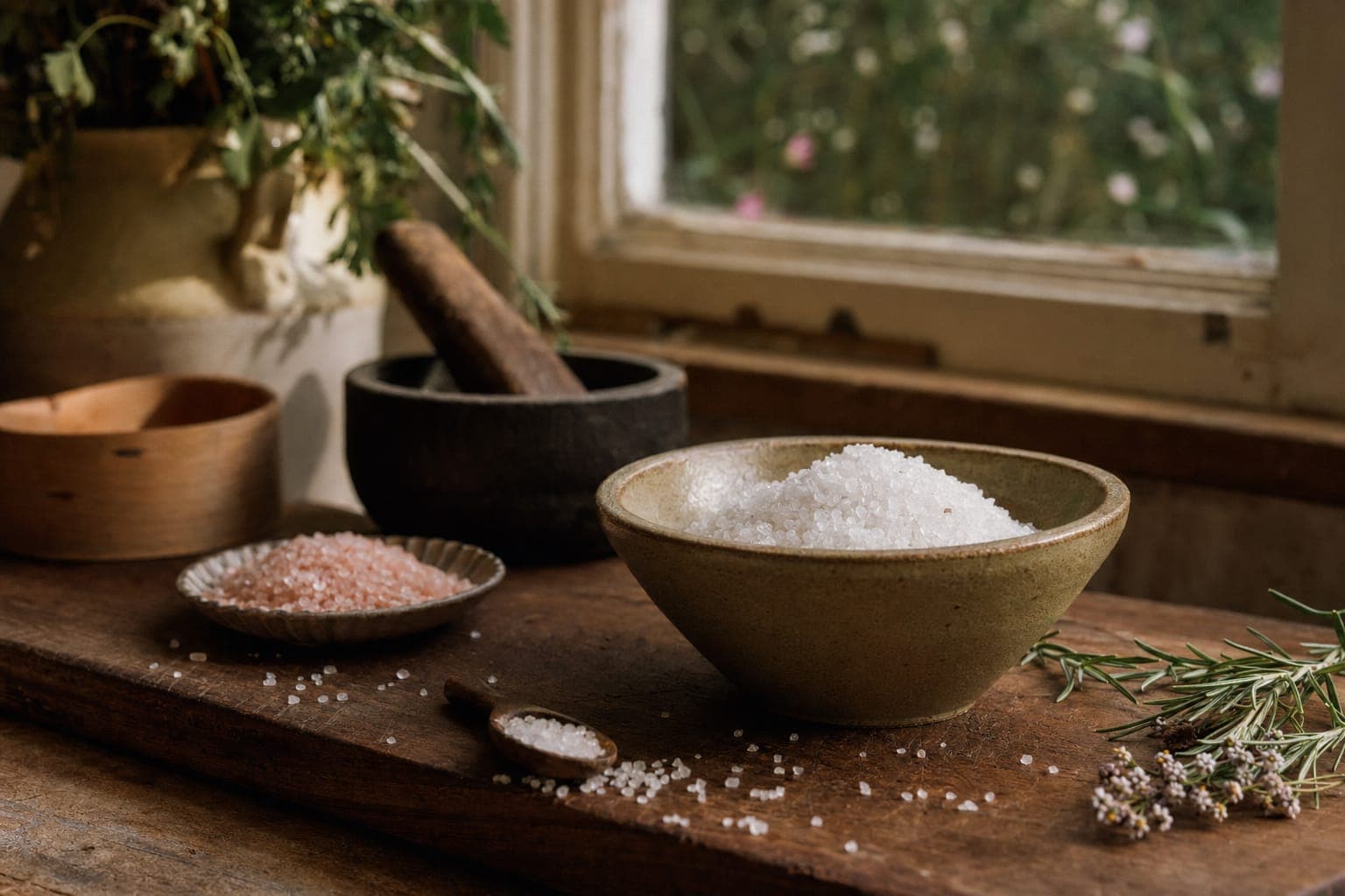 A bowl of sea salt with small dishes on a rustic counter