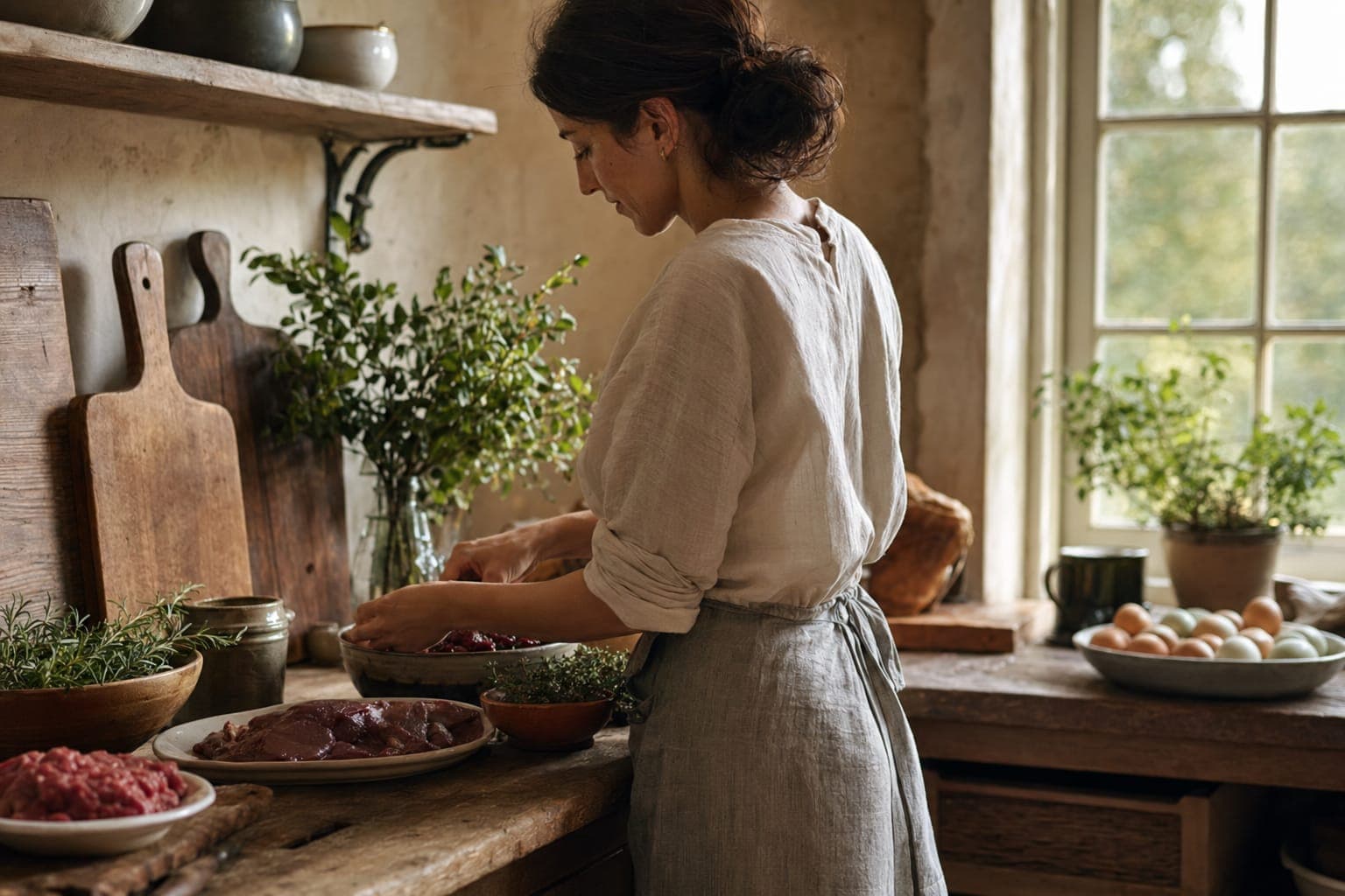 A woman preparing herbs at a kitchen counter in warm light
