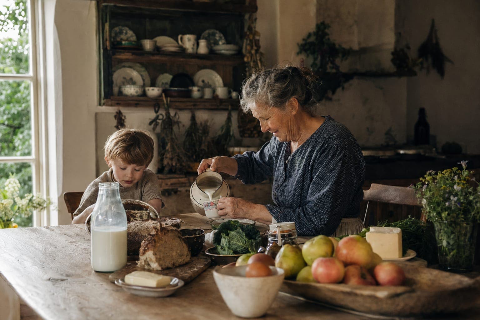 A family at a table with fresh fruit in warm light