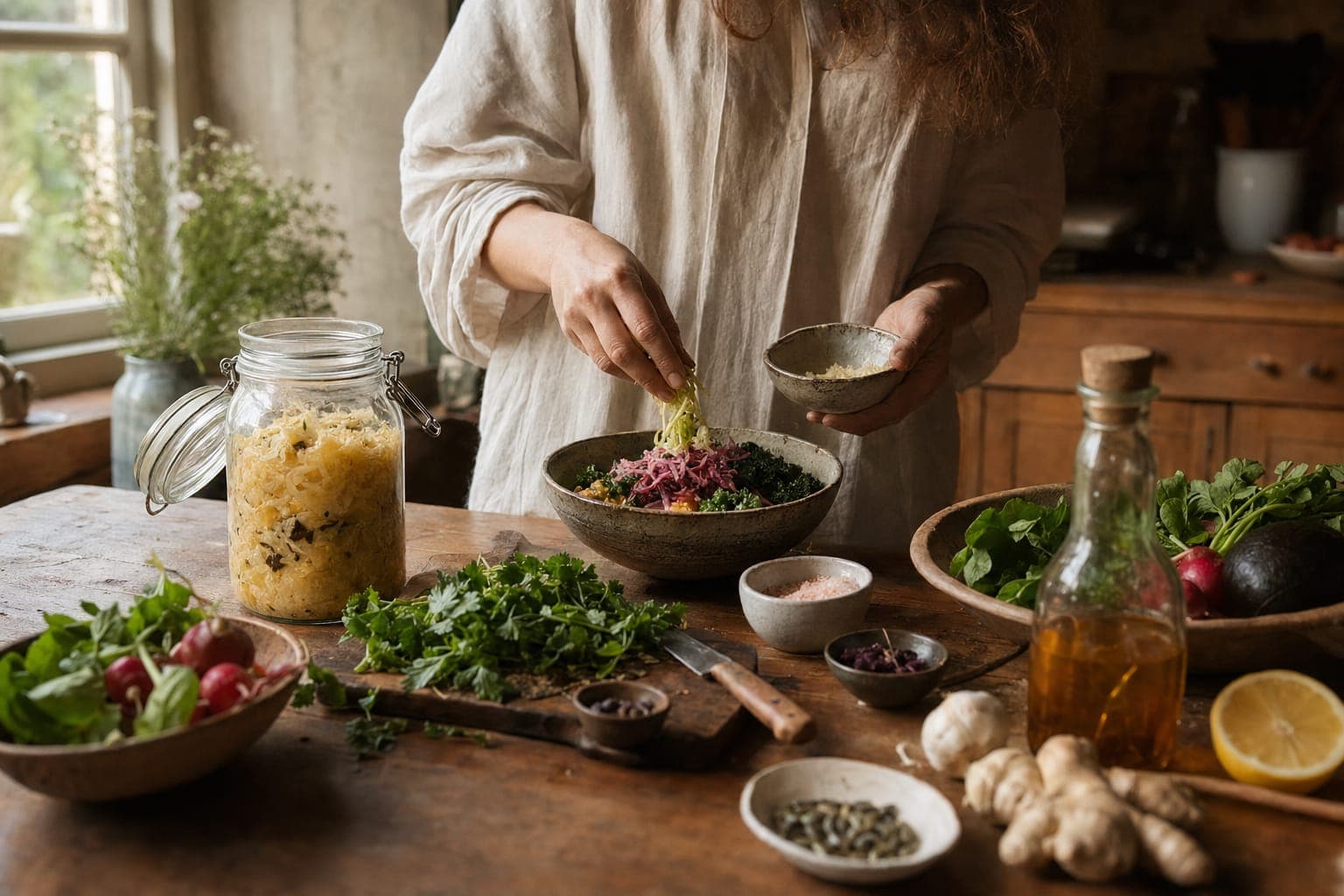 A person preparing greens at a kitchen counter in warm light