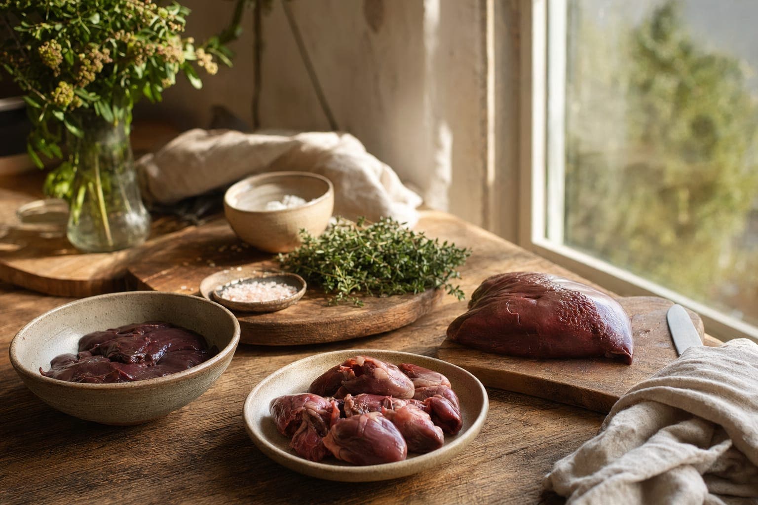 Greens and raw meat on a kitchen counter in warm light