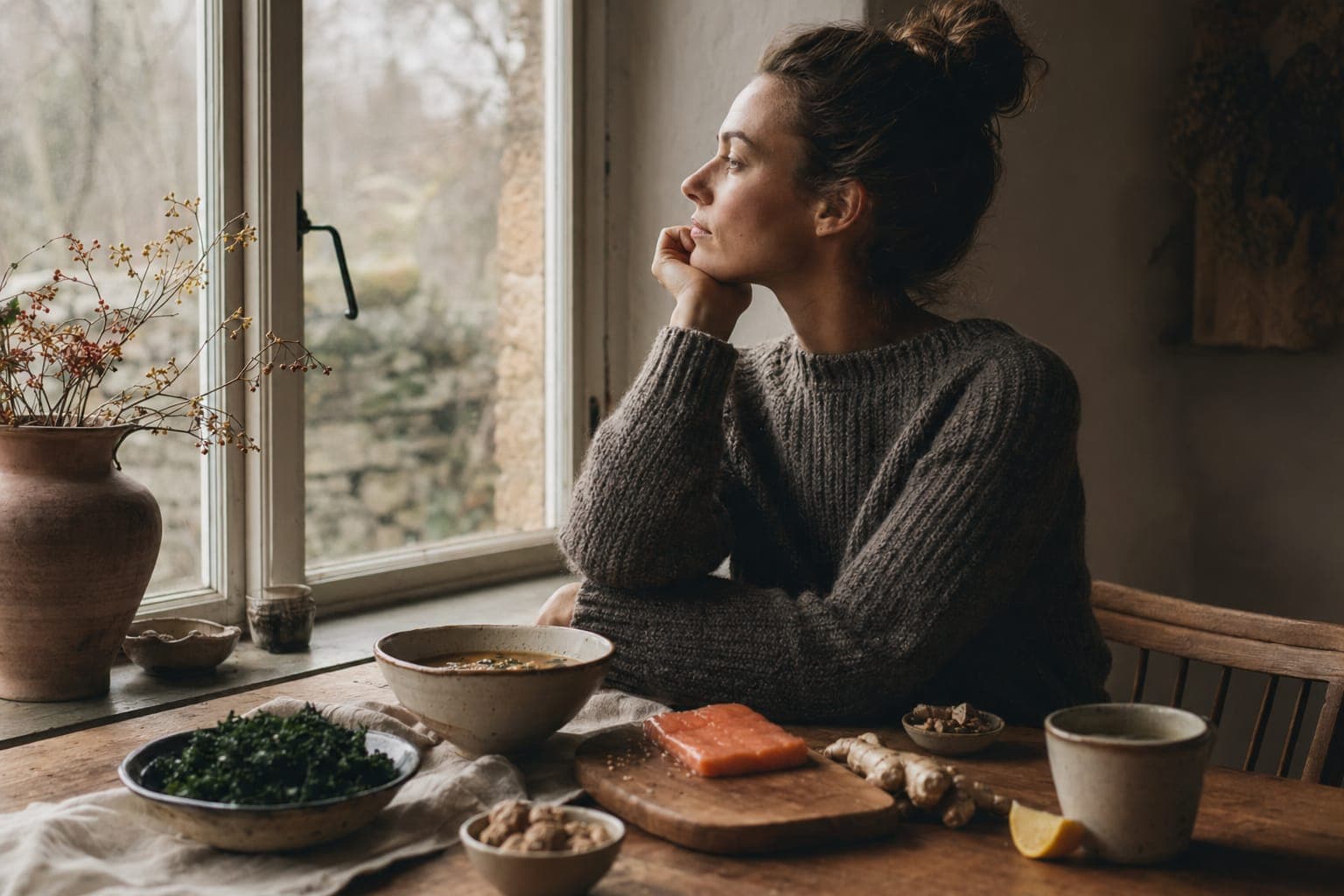 A woman resting thoughtfully by a window in soft light