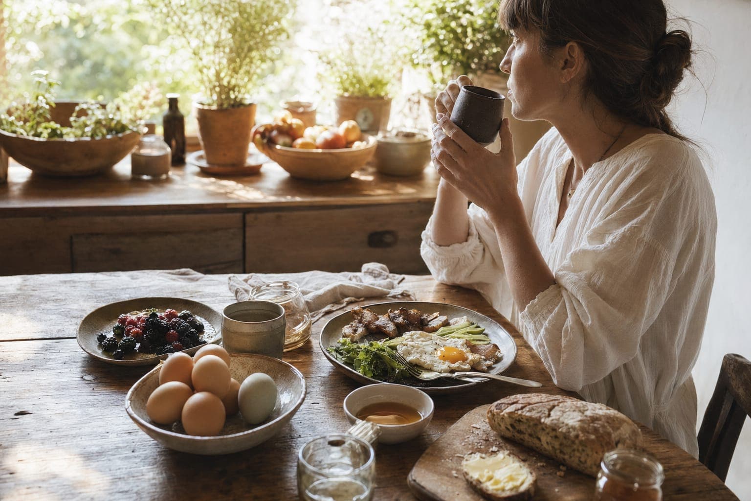 A woman preparing food at a kitchen counter in warm light