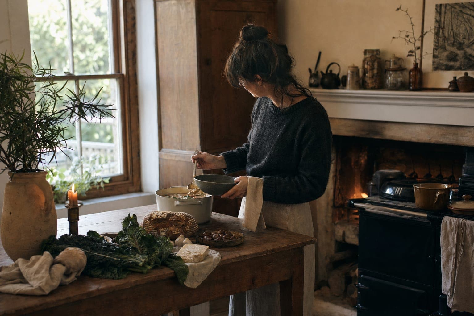 Raw meat and bowls on a kitchen counter in soft light
