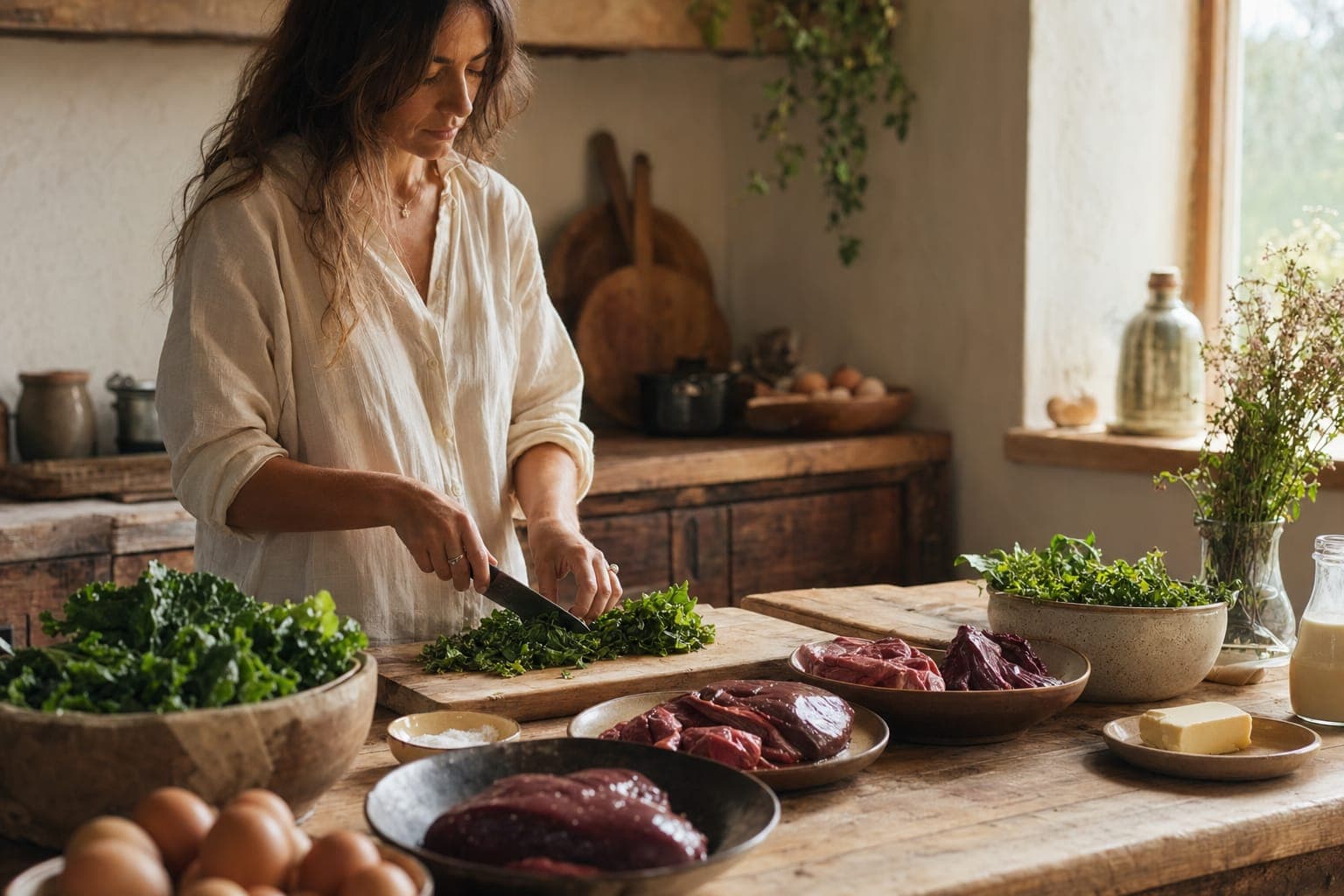 A woman preparing food at a kitchen counter in soft light