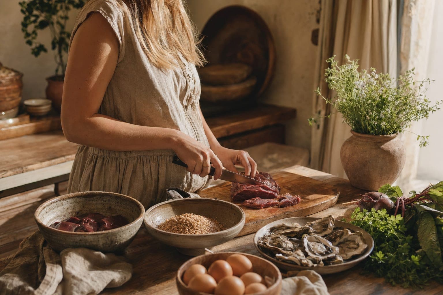 A pregnant woman preparing food at a counter in warm light
