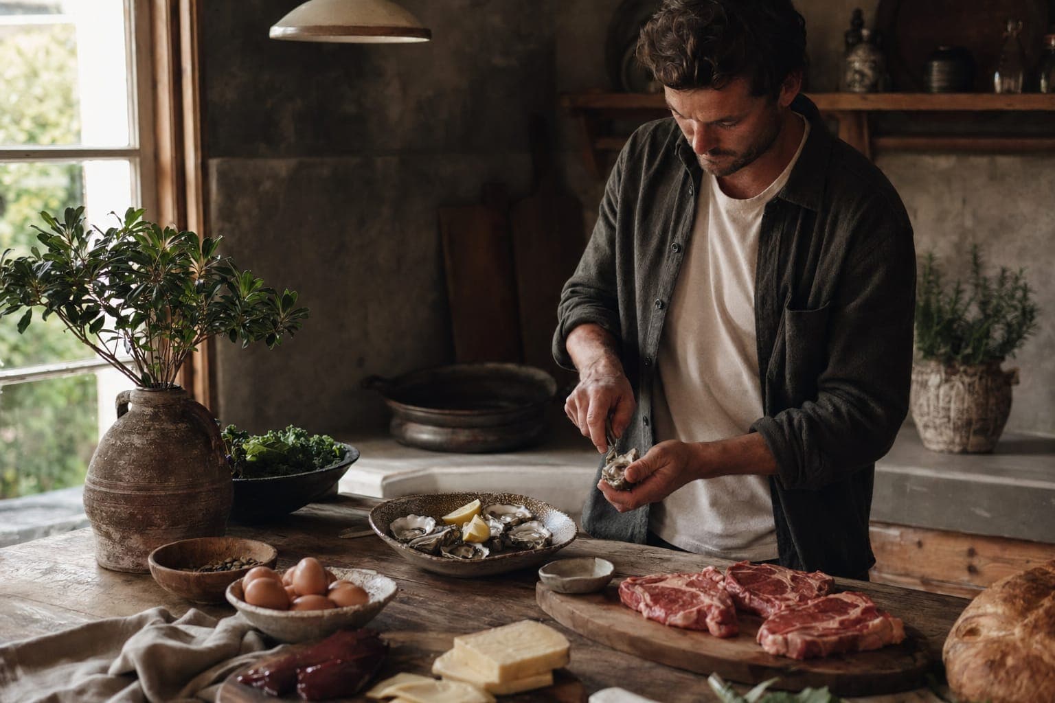 A man preparing greens at a kitchen counter in warm light