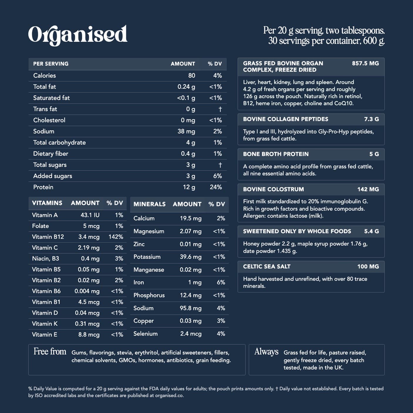 The Organised nutrition sheet for a 20 g serving, 30 servings a container: calories, protein, vitamins and minerals with daily values, and the amount of each ingredient