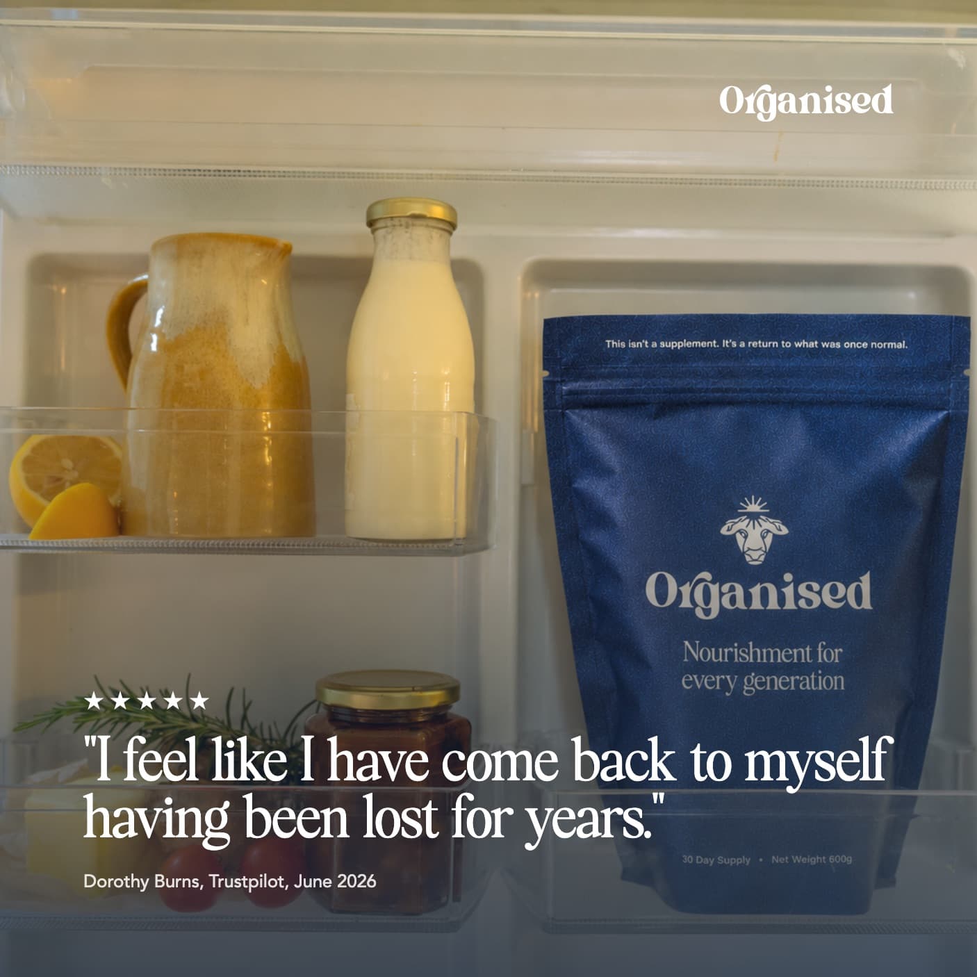 A customer review drawn over the Organised pouch in a fridge door, from Dorothy Burns