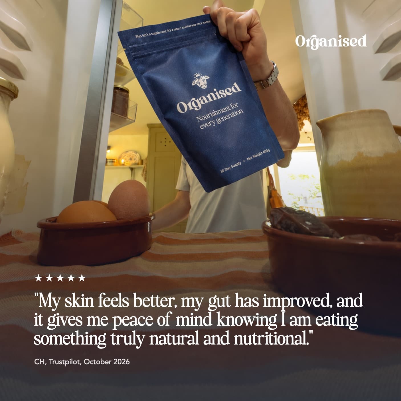 A customer review drawn over the Organised pouch, signed CH