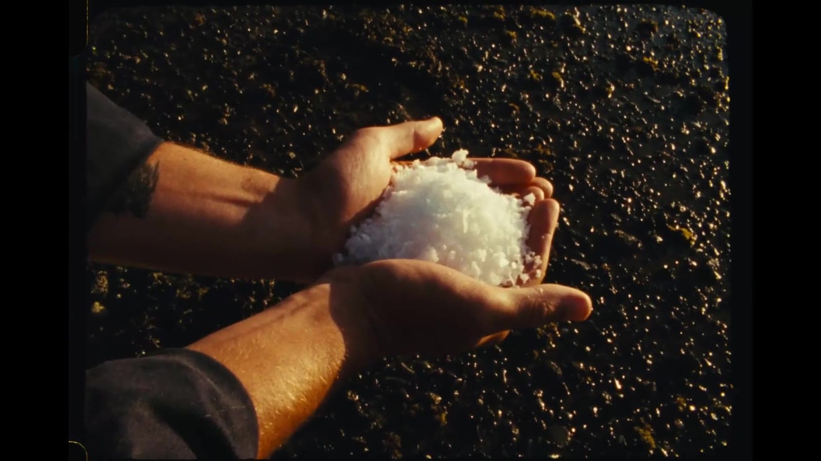 Two hands cupping a heap of white sea salt over the dark shingle of a beach