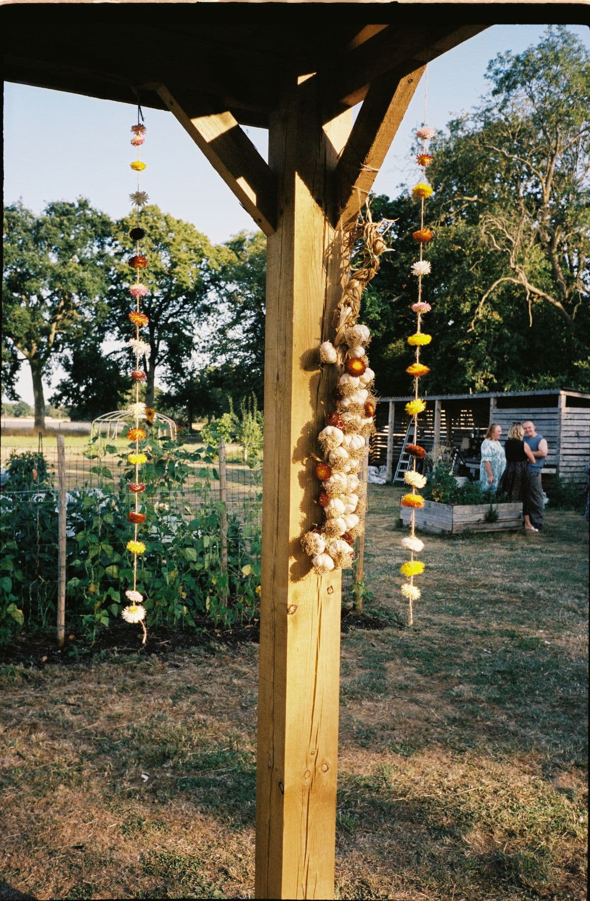 Garlic strung on the timber post with marigold garlands