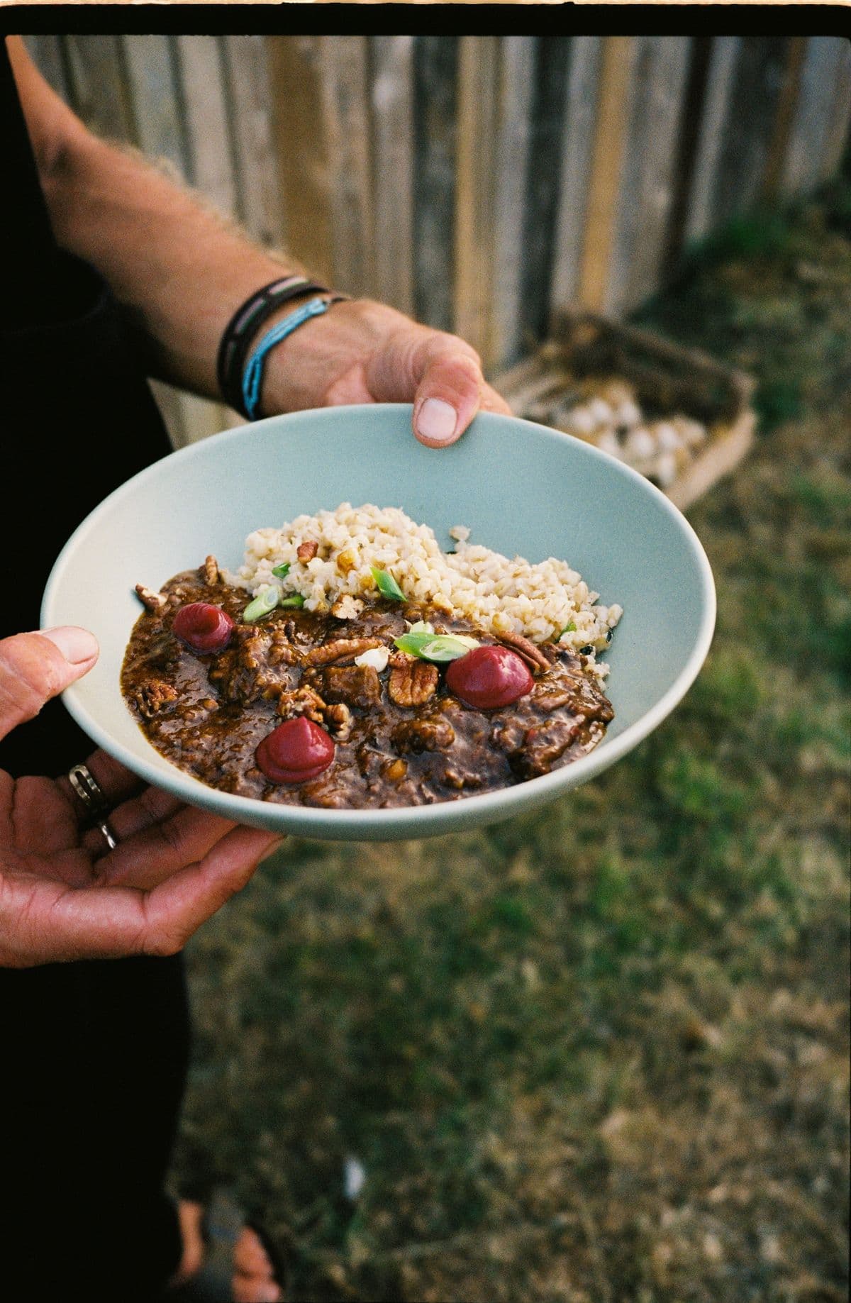 A finished plate held in two hands