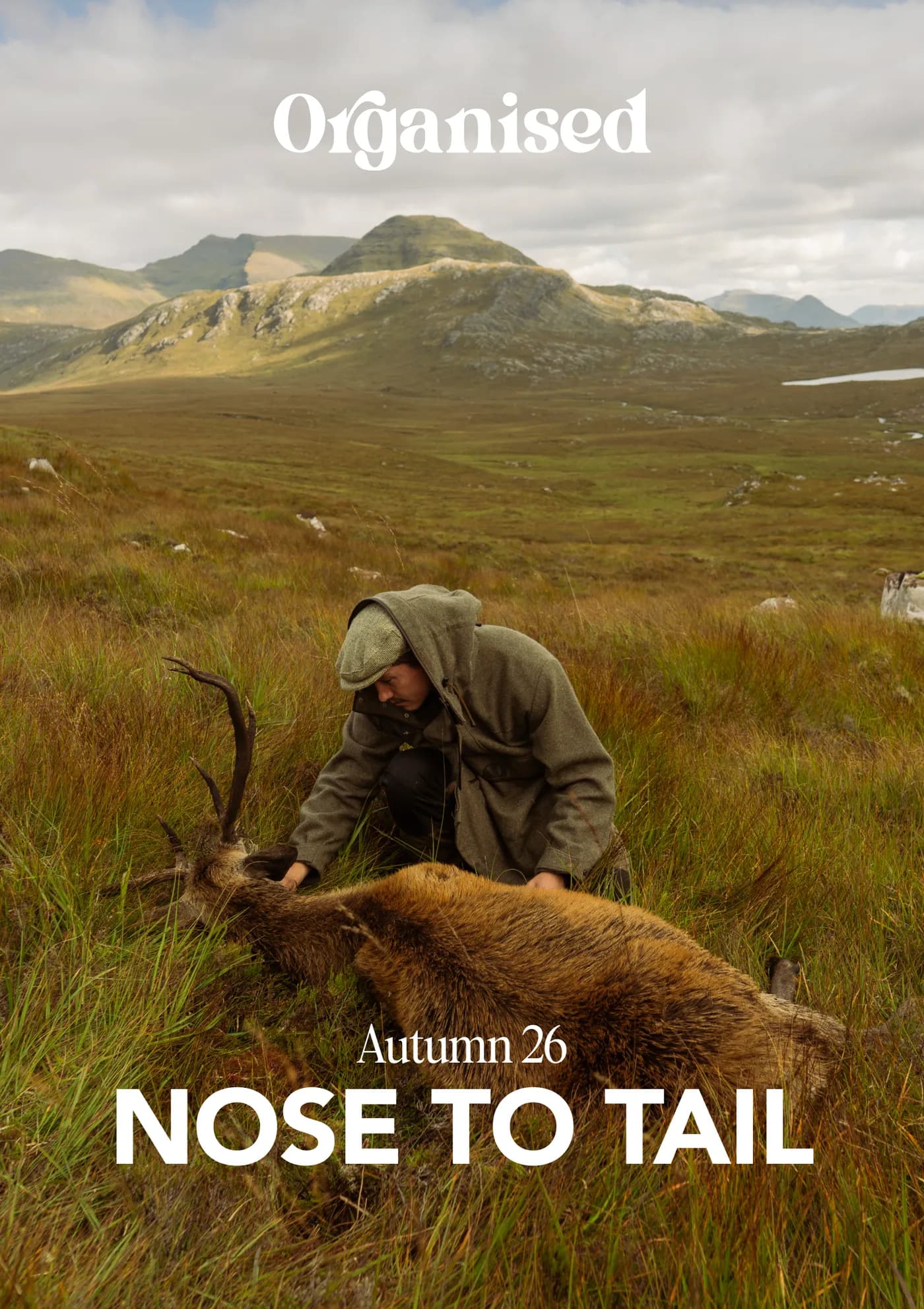 Nose to Tail zine, front cover, the hunter beside a stag on the moor