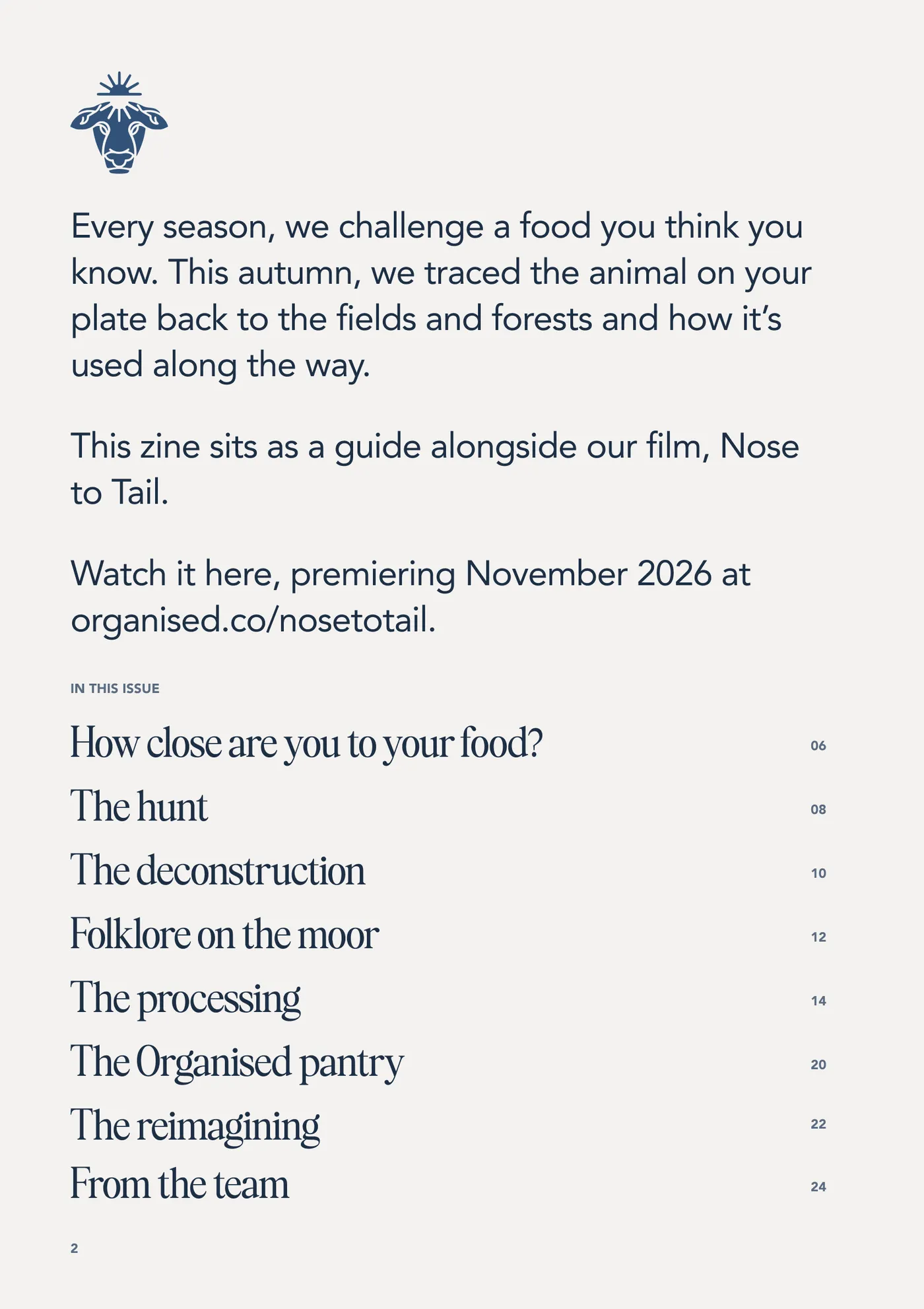 Nose to Tail zine, page 2, contents and the season's opening