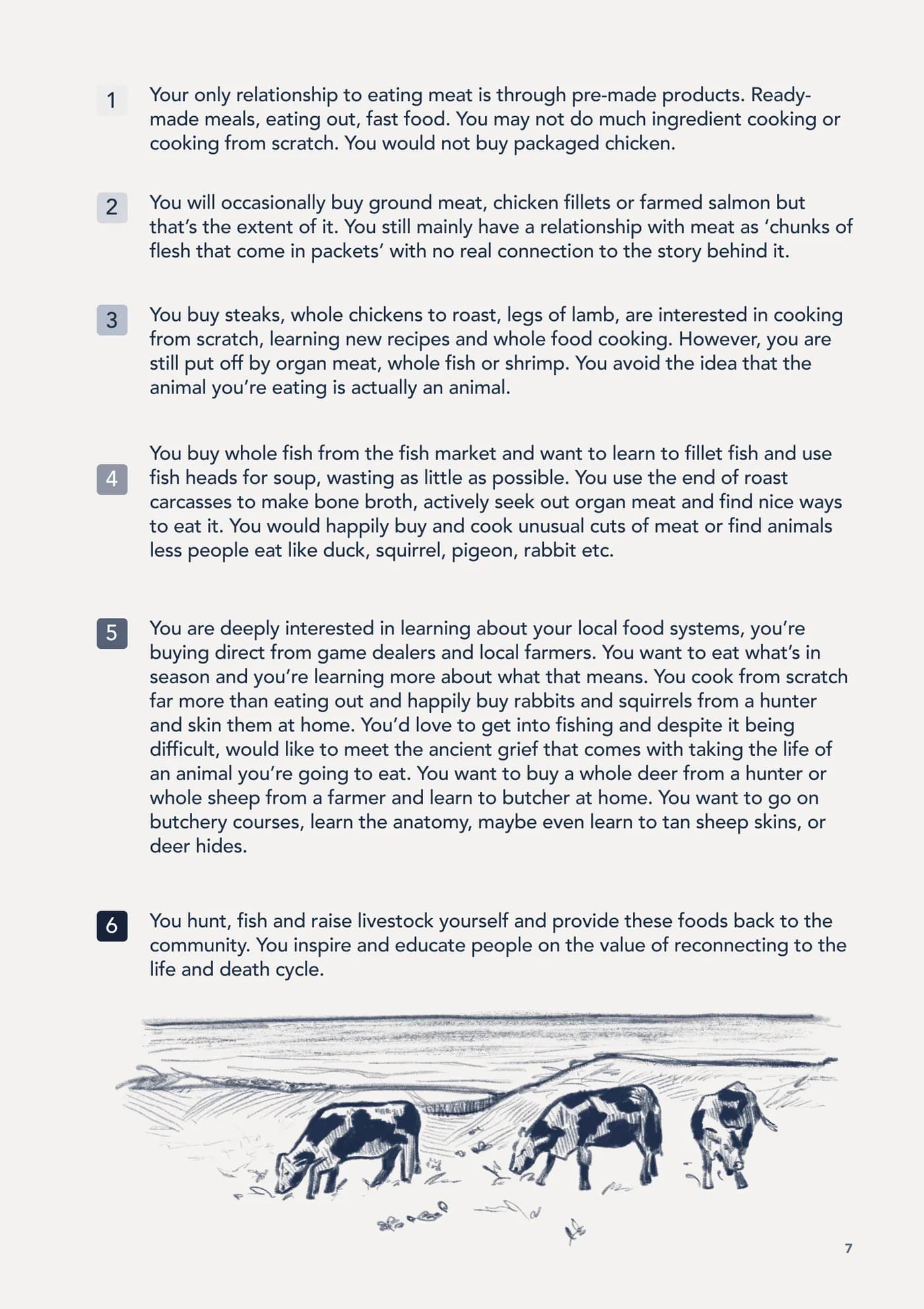 Nose to Tail zine, page 7, six steps from ready meals to the whole animal