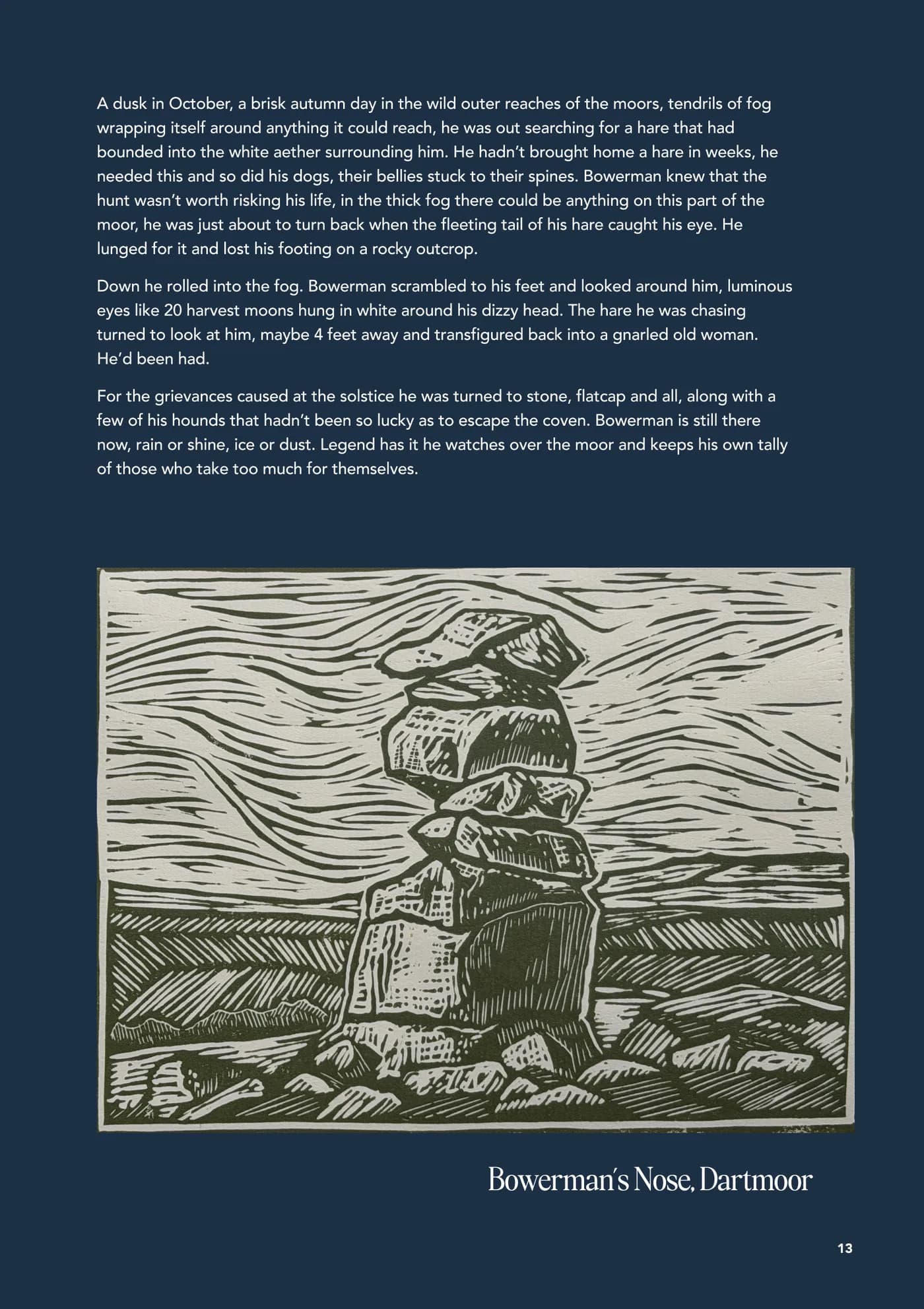 Nose to Tail zine, page 13, Folklore on the moor, Bowerman's Nose