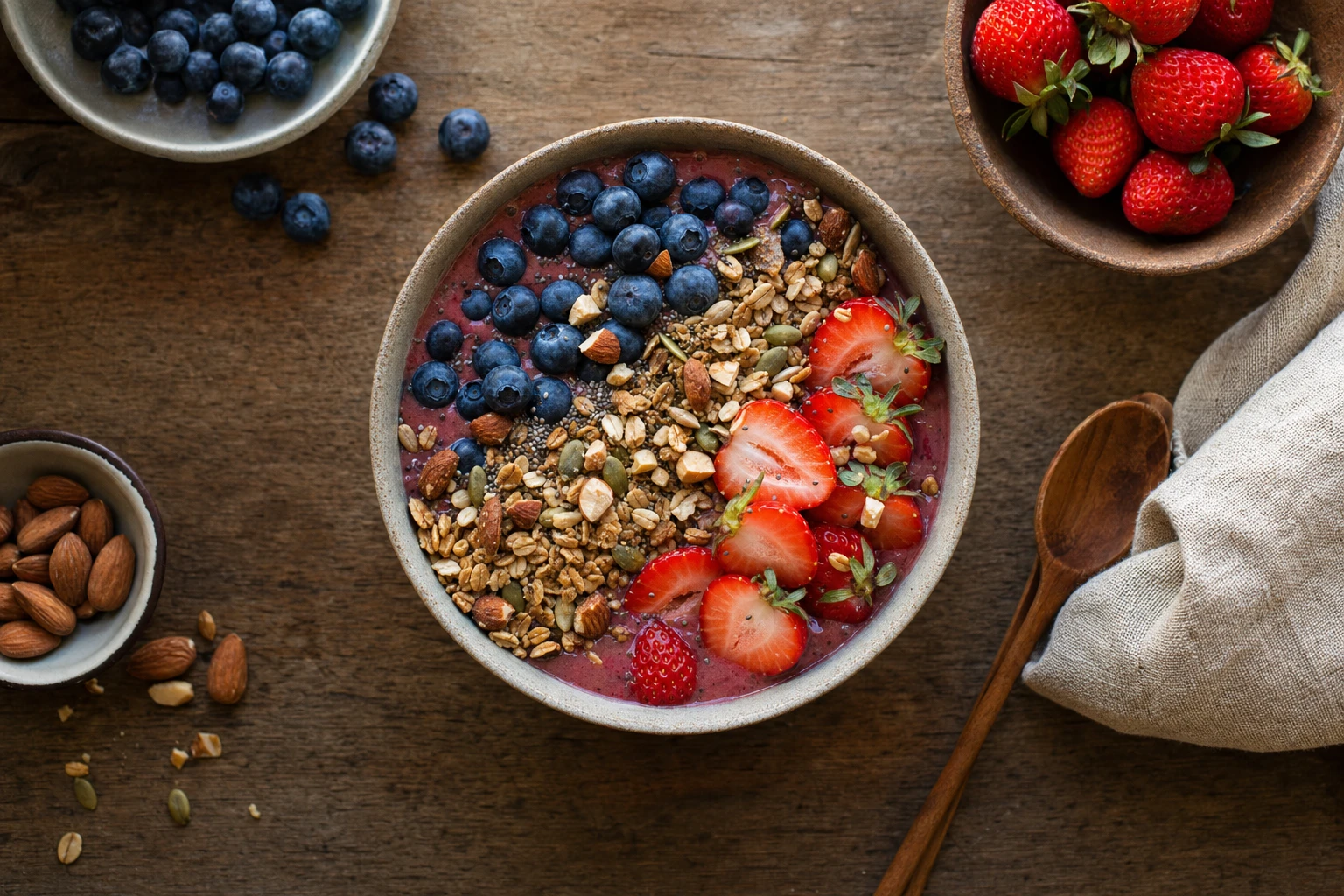 A smoothie bowl with vibrant berries, granola, and scattered nuts