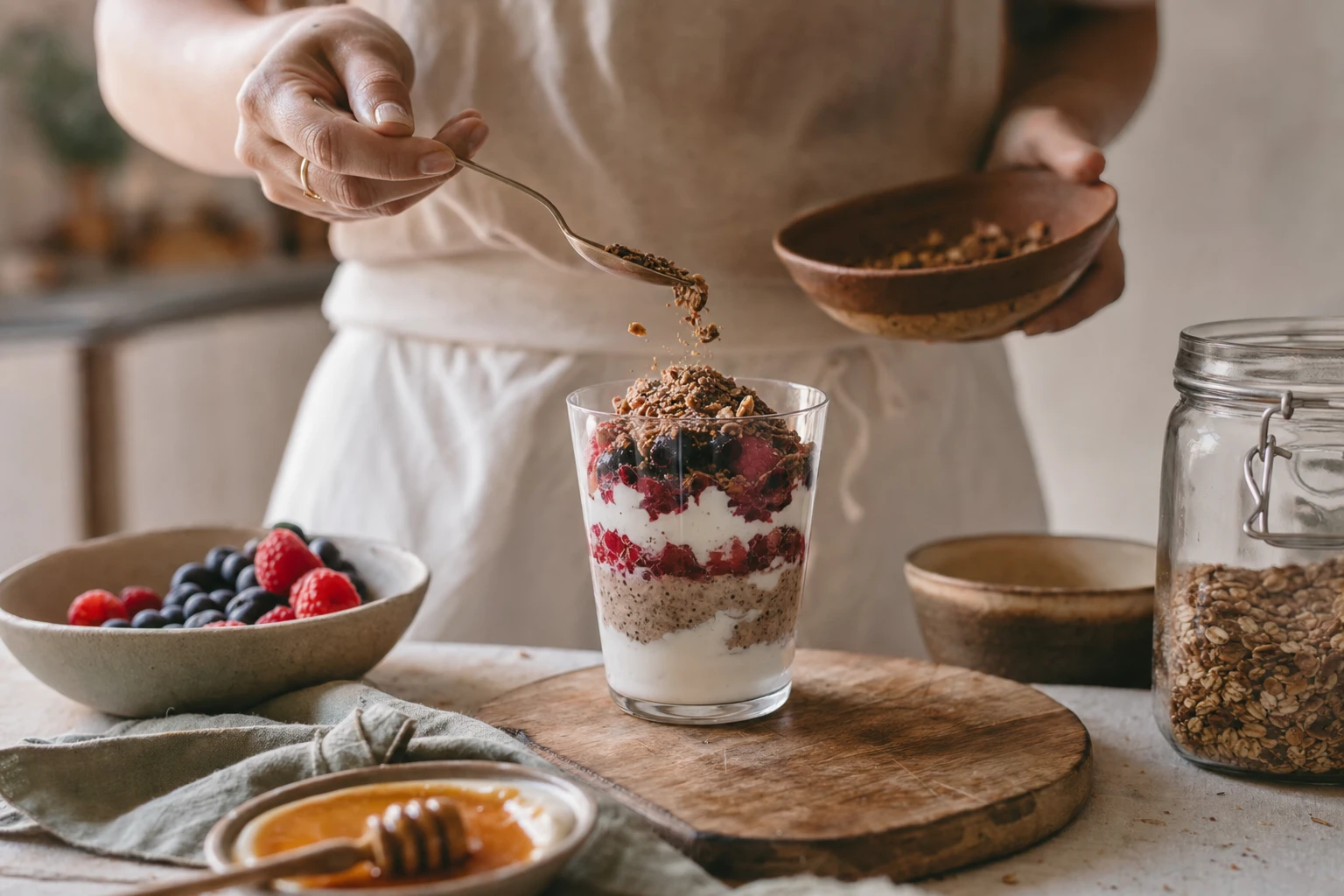 Clear glass showing layers of yoghurt, Organised mixture, berries, and granola