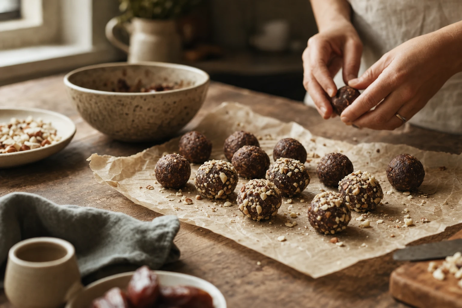 Arranged energy balls on parchment paper, some topped with crushed nuts