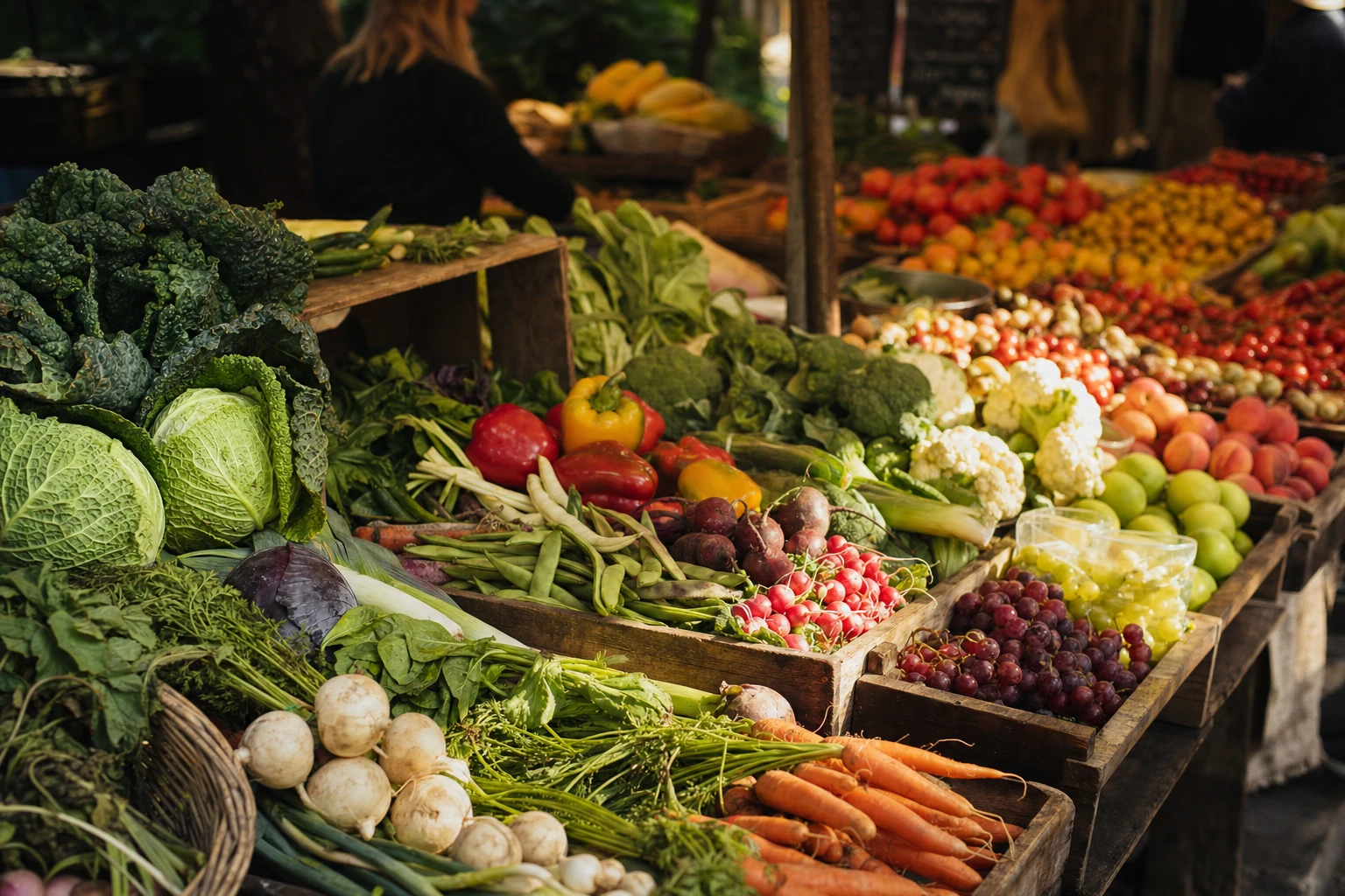 Market stall with colourful fresh vegetables and fruit displays