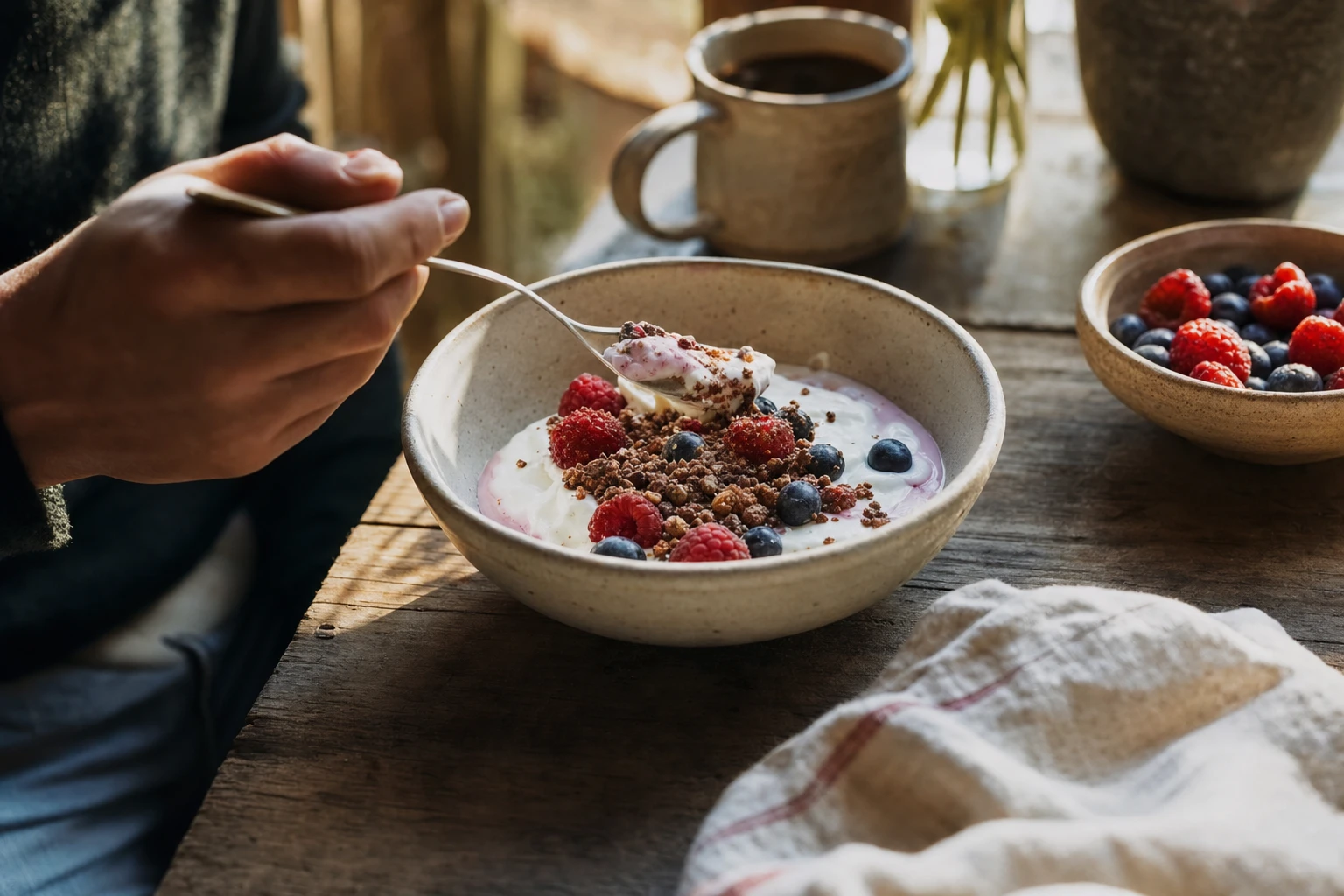 Bowl of yoghurt with Organised and berries, morning light