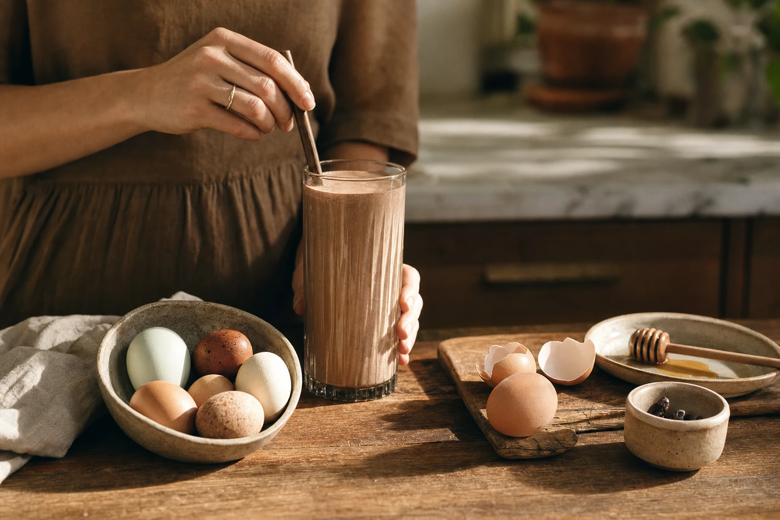 Glass of creamy shake next to fresh eggs and Organised package